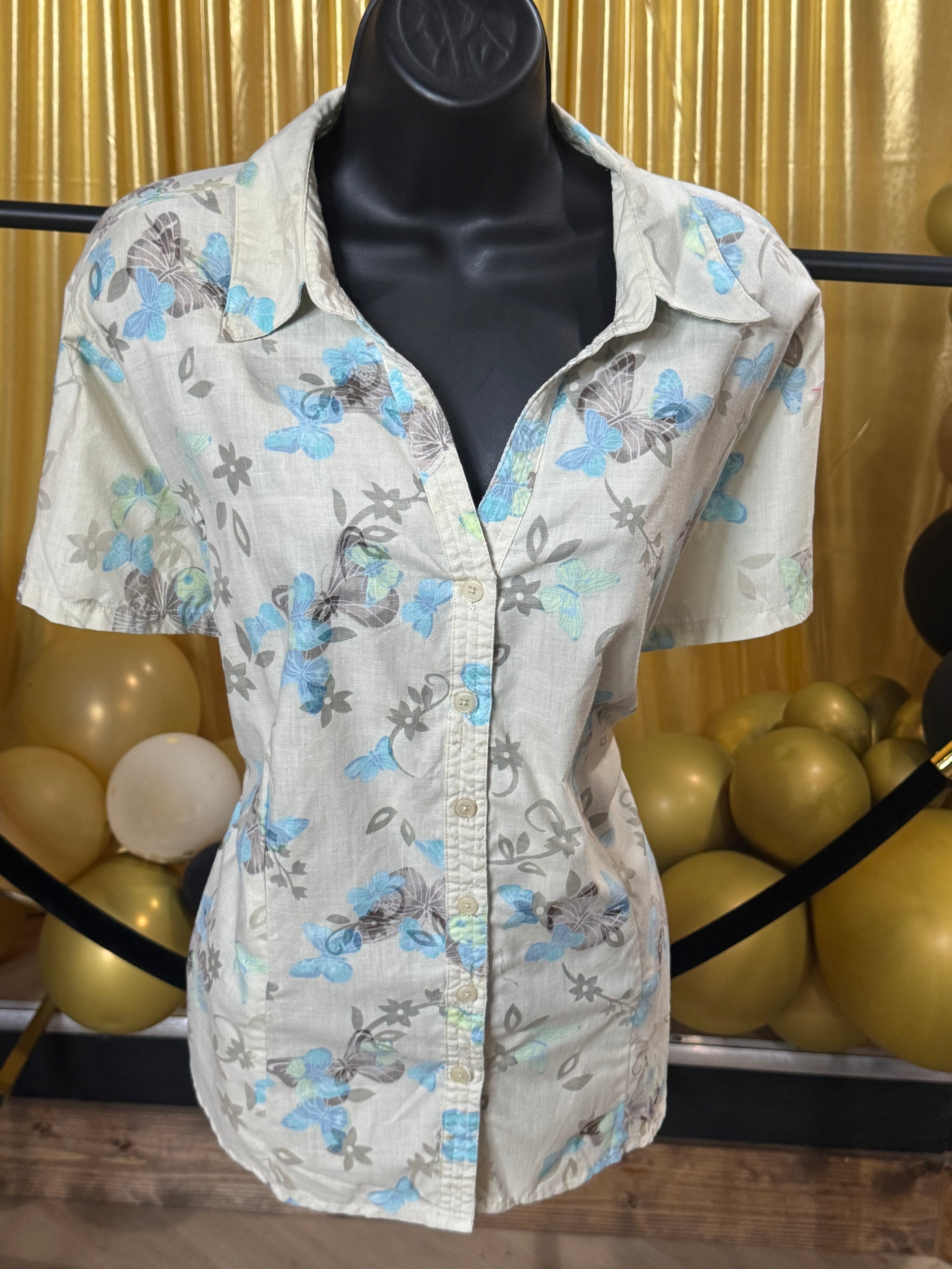 Classic Elements Cream & Blue Blouse Size XL