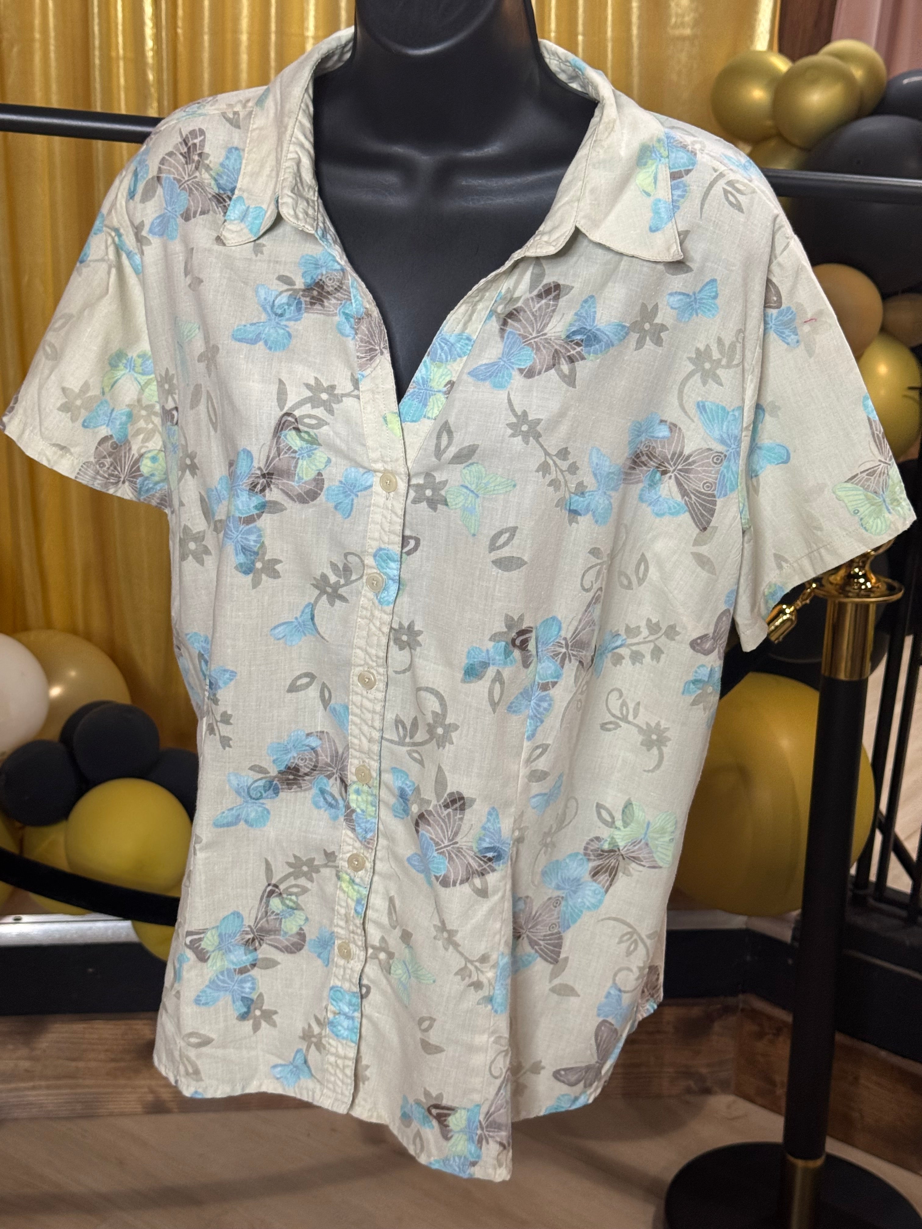 Classic Elements Cream & Blue Blouse Size XL