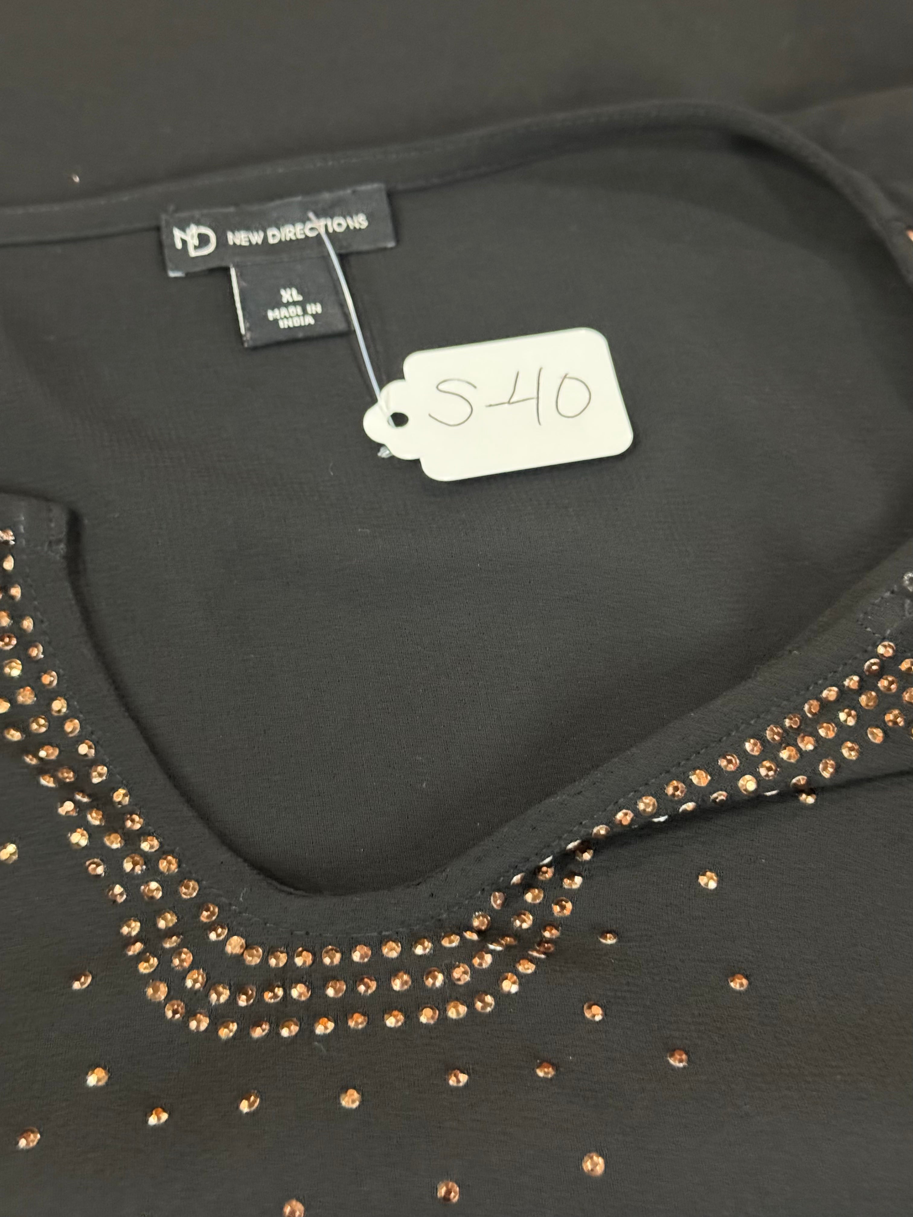New Directions Black Sheer Bell Sleeve Sequin Blouse Sz XL