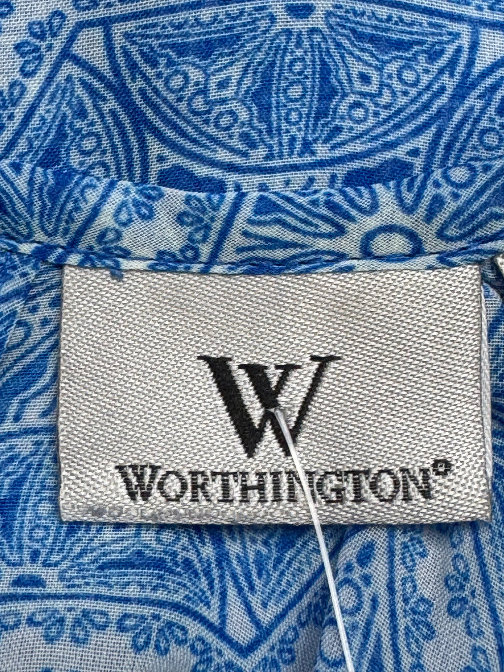 Worthington Blue Geometric Keyhole Blouse Size L Polyester Short Sleeve