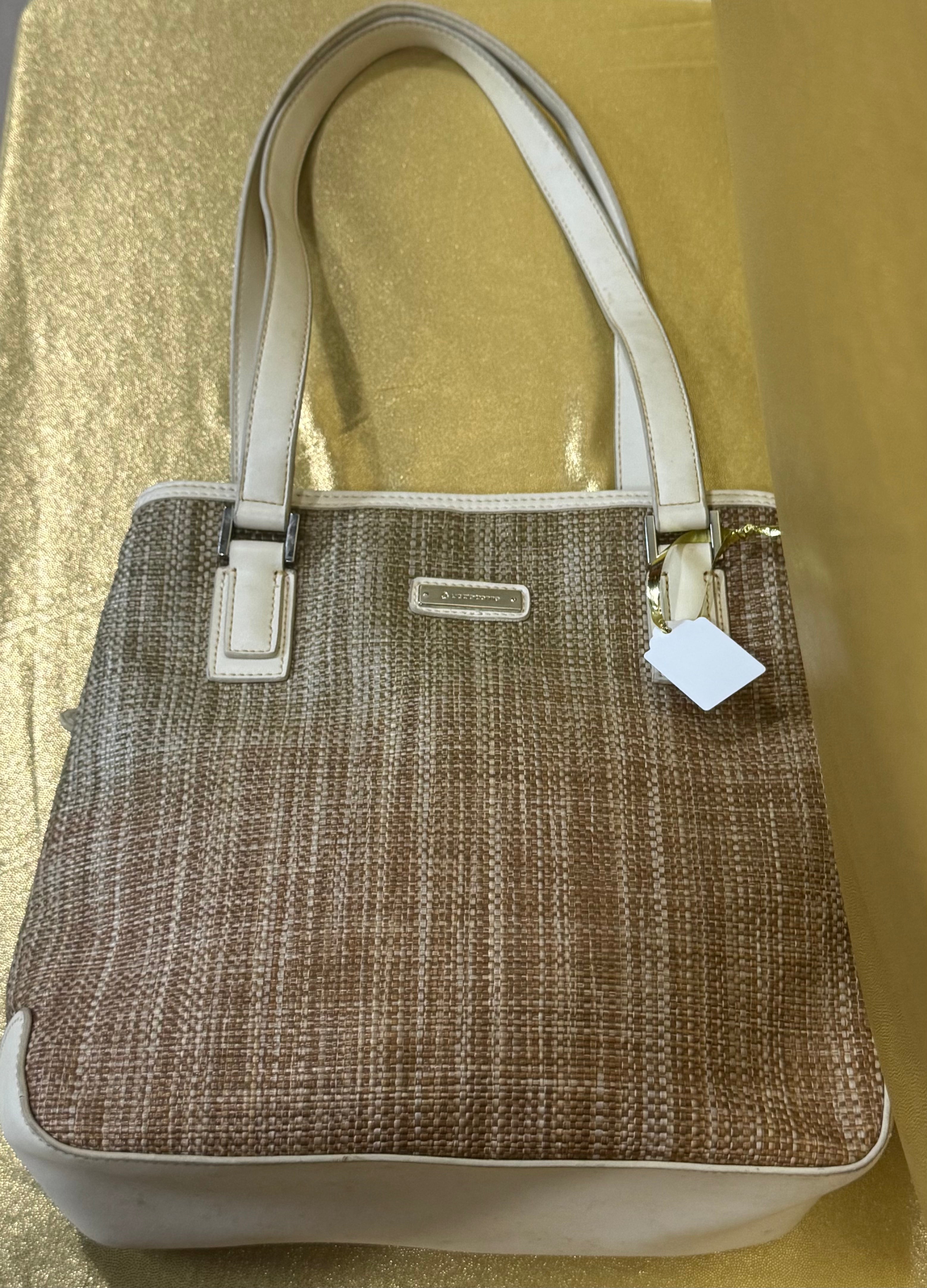 Liz Claiborne Vintage Cream & Woven Straw Shoulder Tote Bag