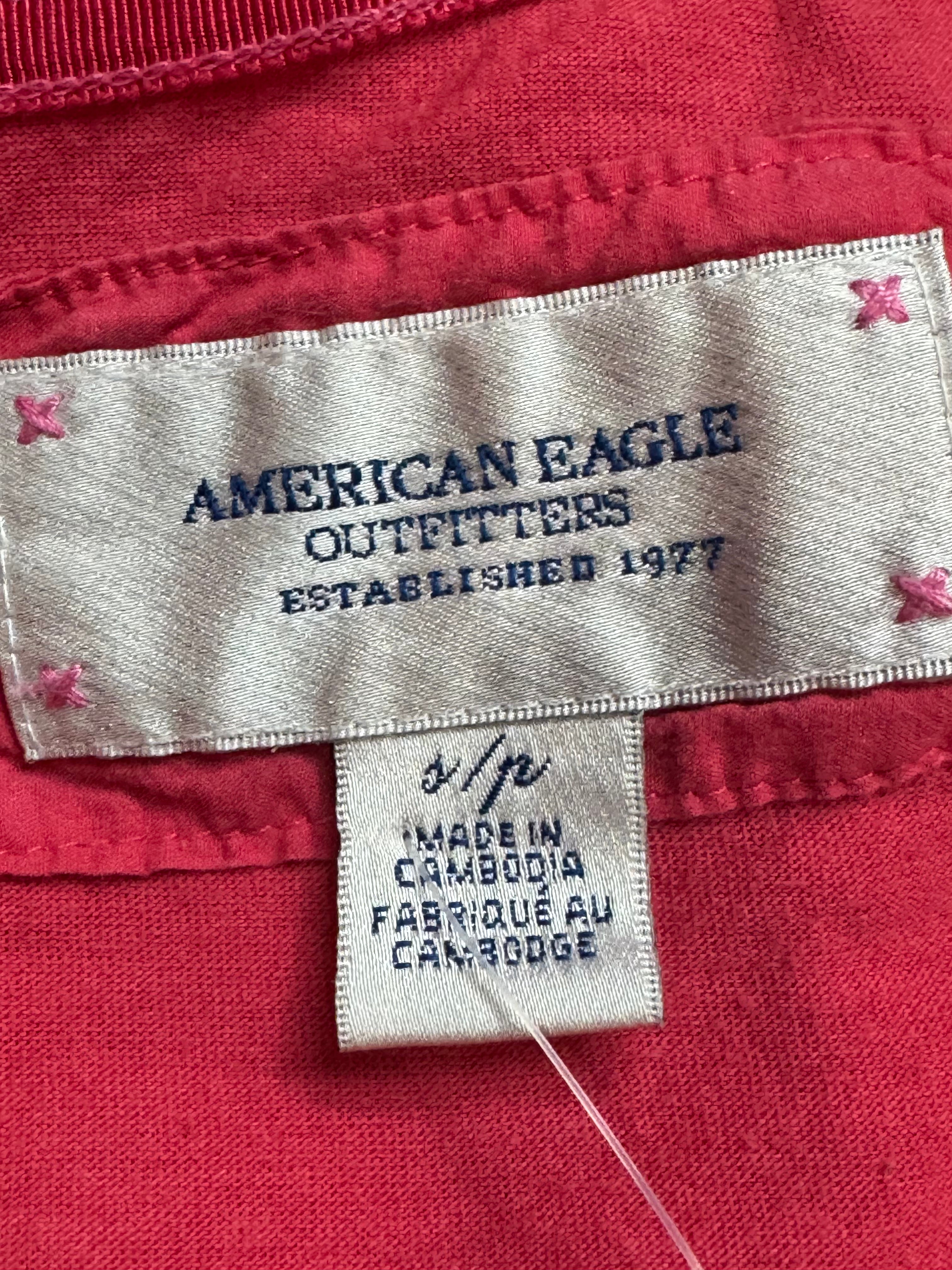 American Eagle Pink Scoop Neck Pleated Blouse Short Puff Sleeve Top Size Small