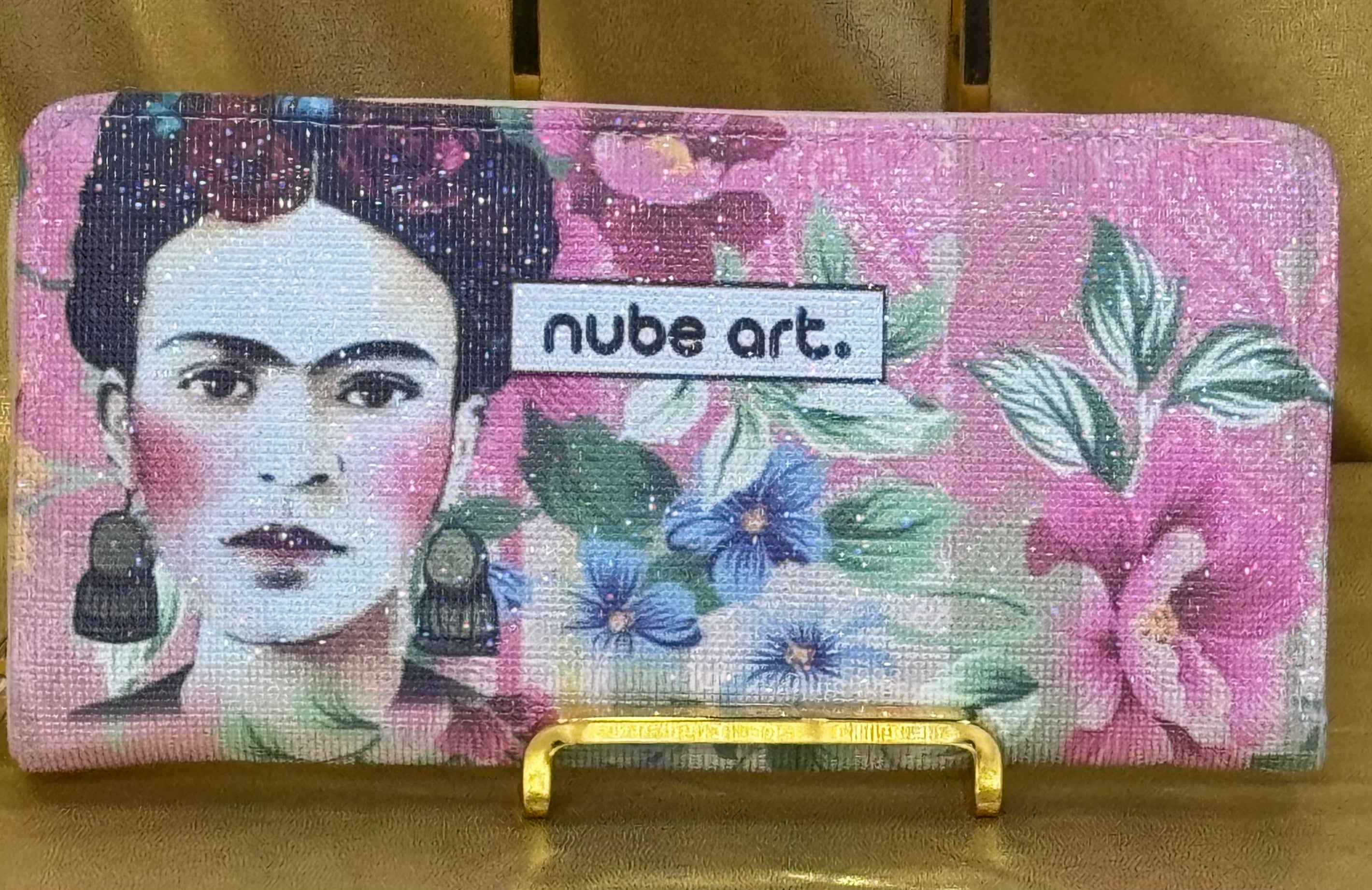 🎨 Nube Art Frida Kahlo Floral Wallet – Pink Glitter Canvas Clutch