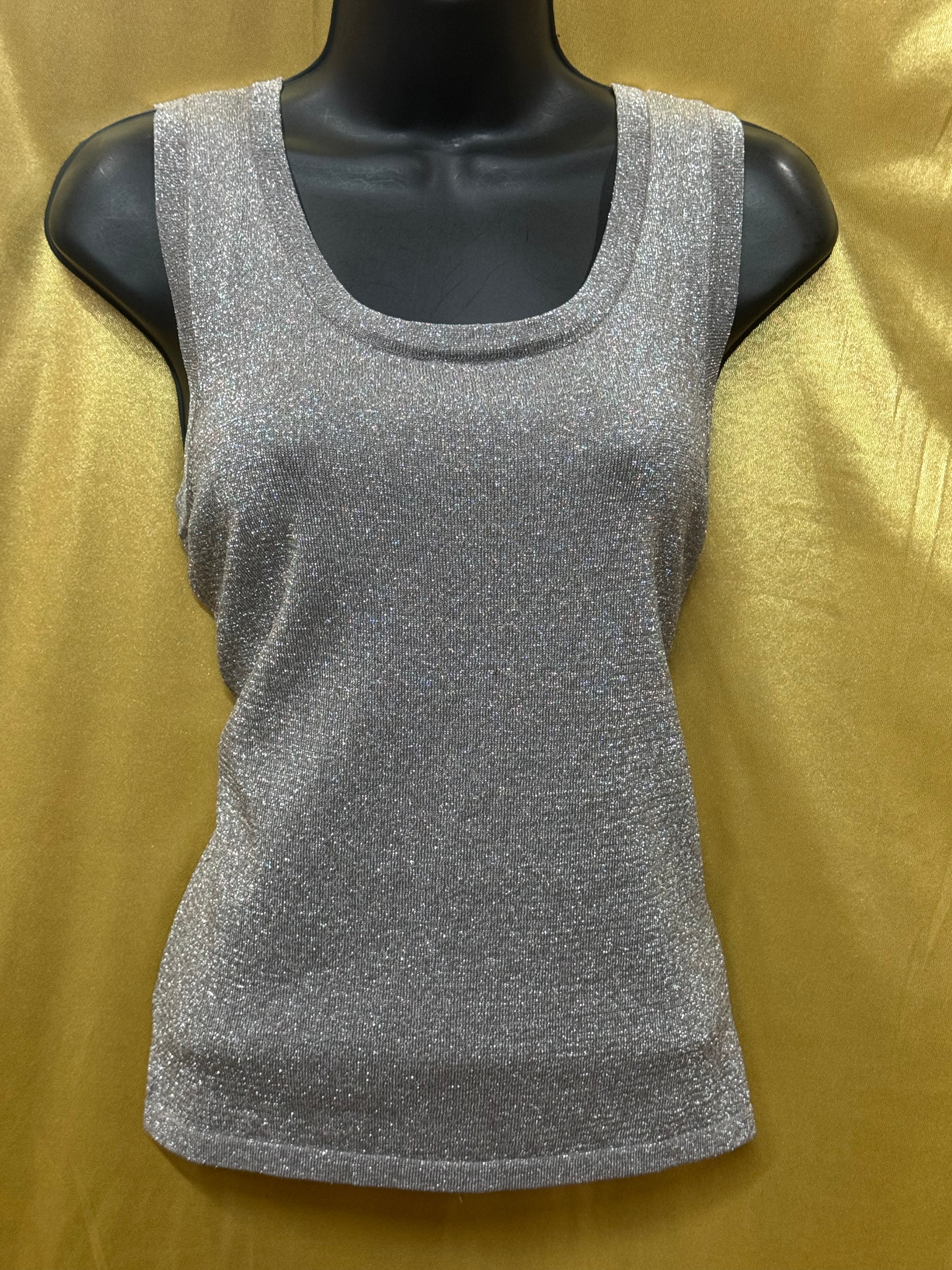 Erin London Vintage Silver Metallic Lurex Shimmer Knit Tank Top, Size Small