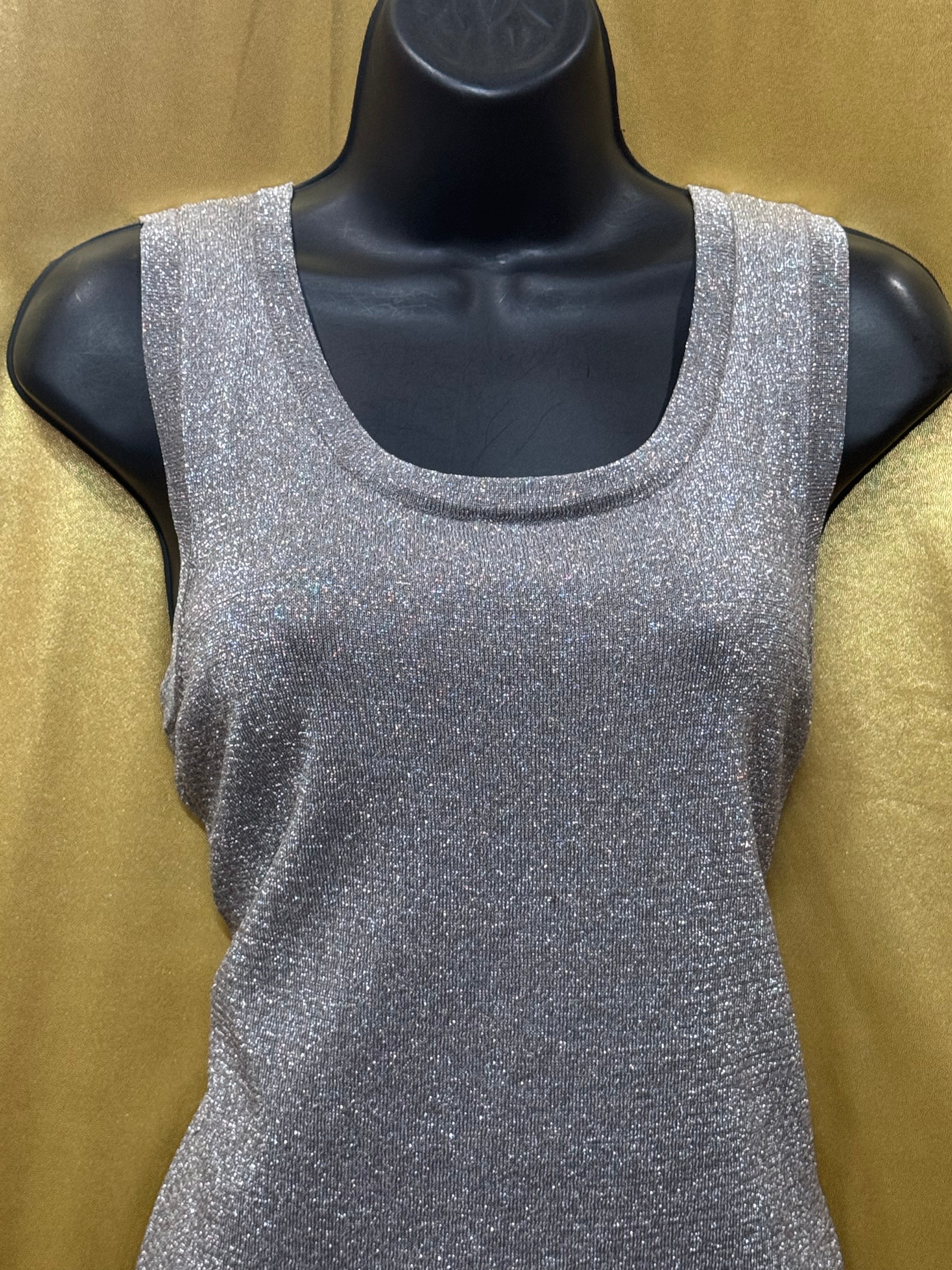 Erin London Vintage Silver Metallic Lurex Shimmer Knit Tank Top, Size Small