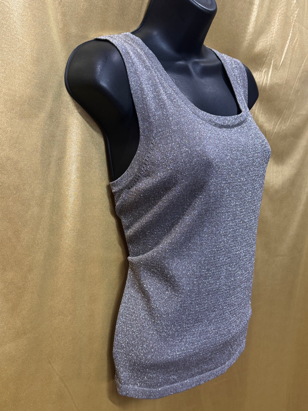 Erin London Vintage Silver Metallic Lurex Shimmer Knit Tank Top, Size Small