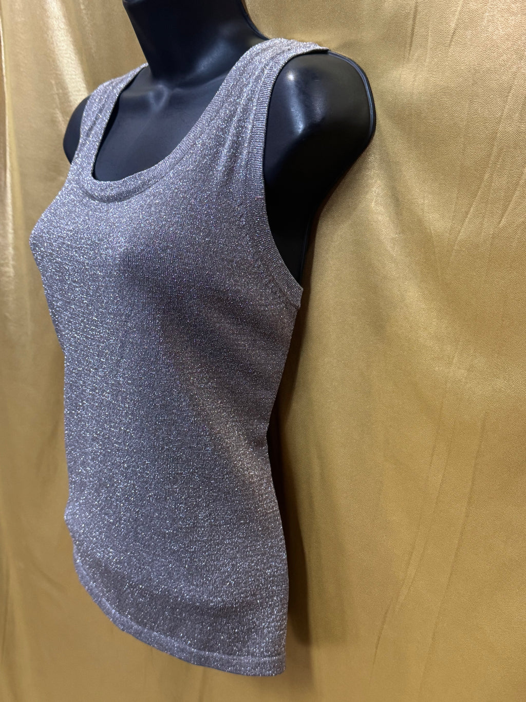 Erin London Vintage Silver Metallic Lurex Shimmer Knit Tank Top, Size Small