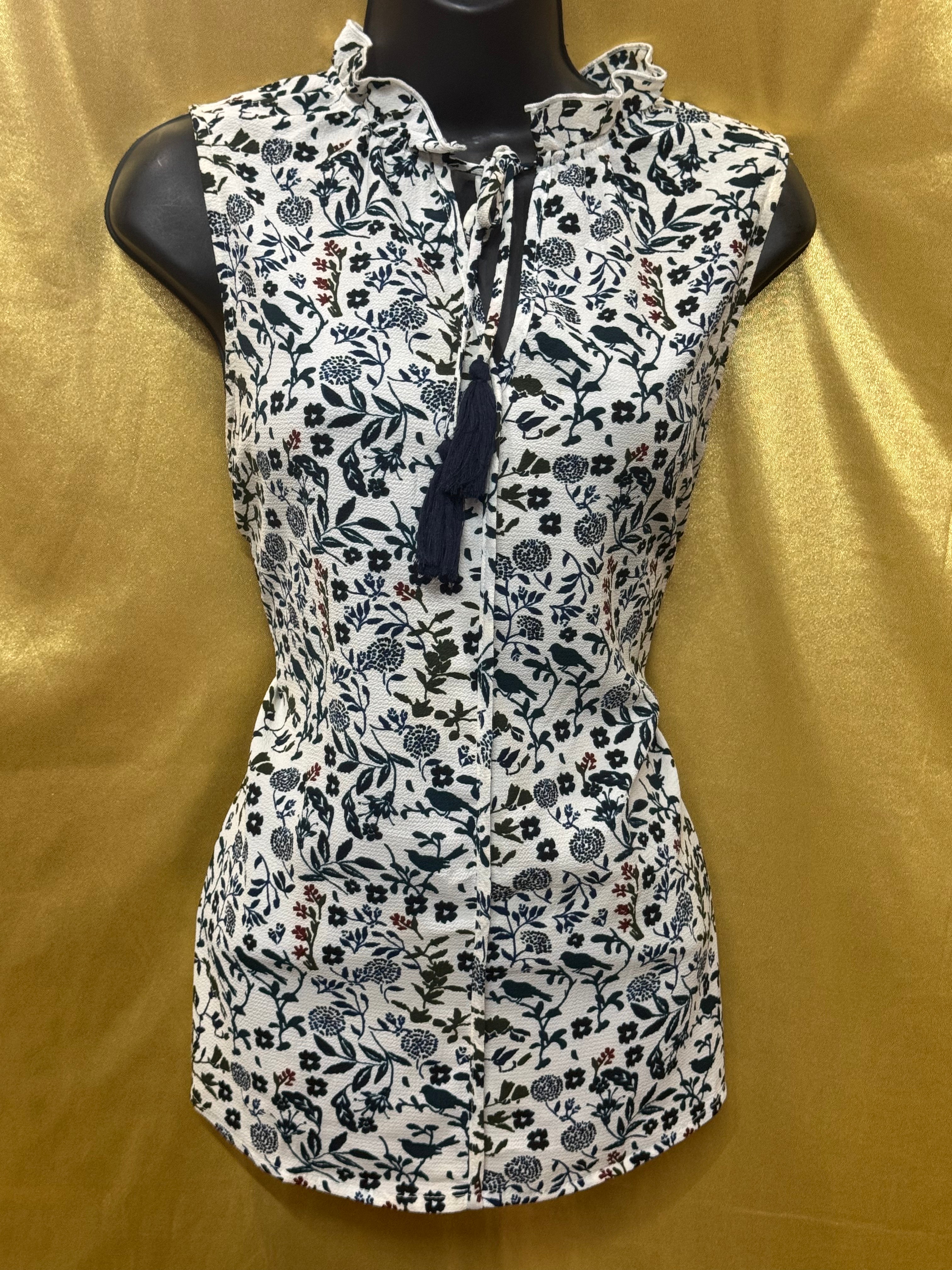 C&E Floral & Bird Print Sleeveless Blouse with Tassel Neck, Size Small