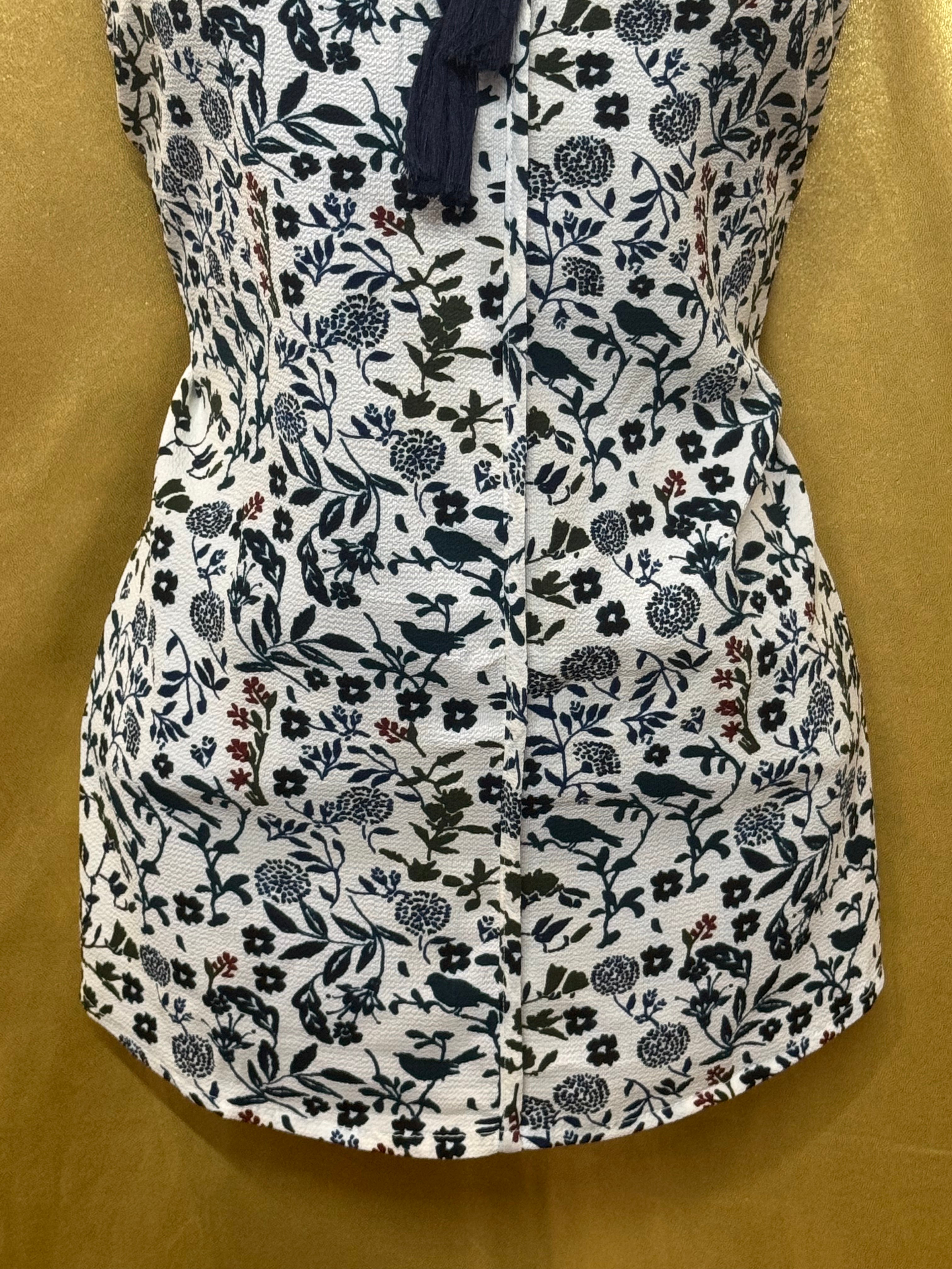 C&E Floral & Bird Print Sleeveless Blouse with Tassel Neck, Size Small