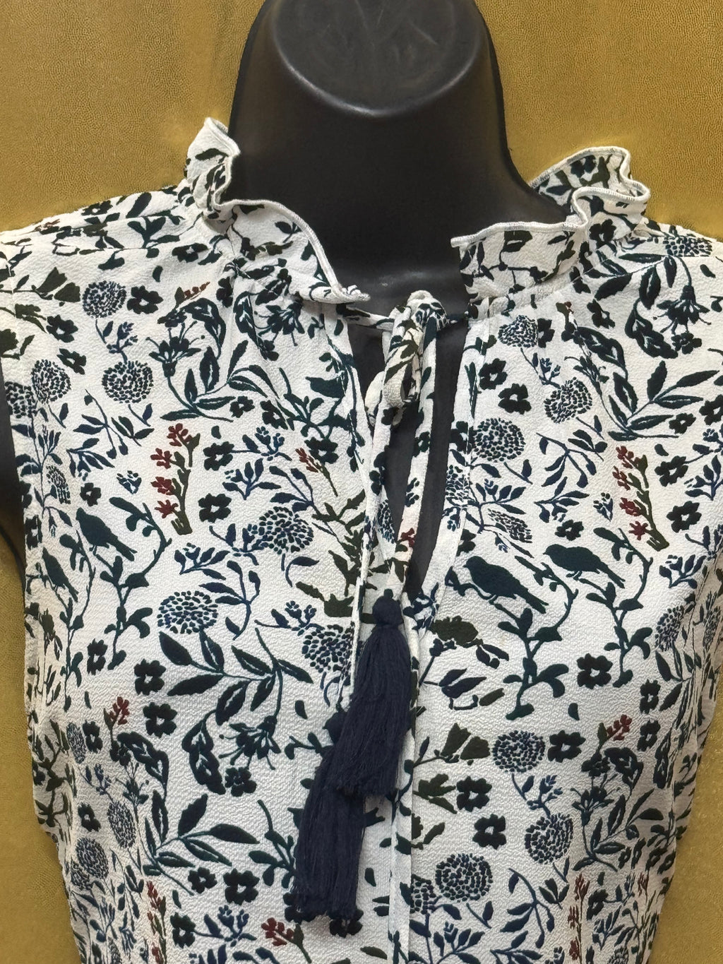 C&E Floral & Bird Print Sleeveless Blouse with Tassel Neck, Size Small