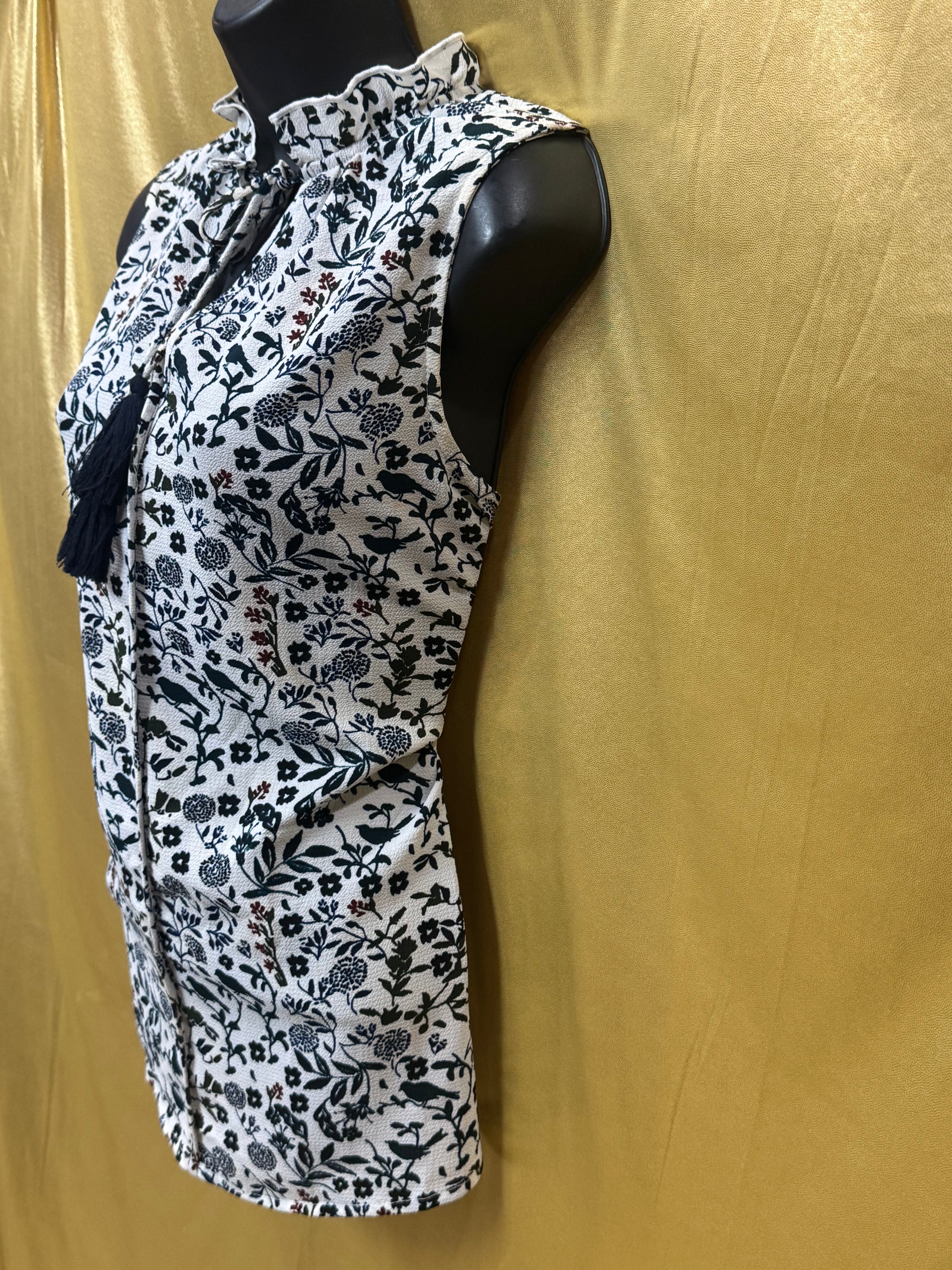 C&E Floral & Bird Print Sleeveless Blouse with Tassel Neck, Size Small