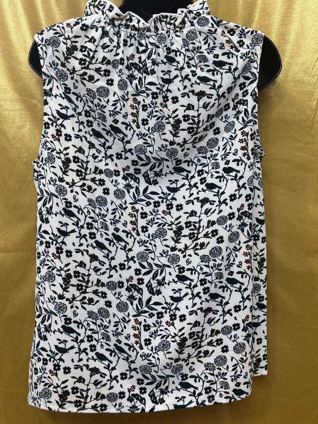 C&E Floral & Bird Print Sleeveless Blouse with Tassel Neck, Size Small