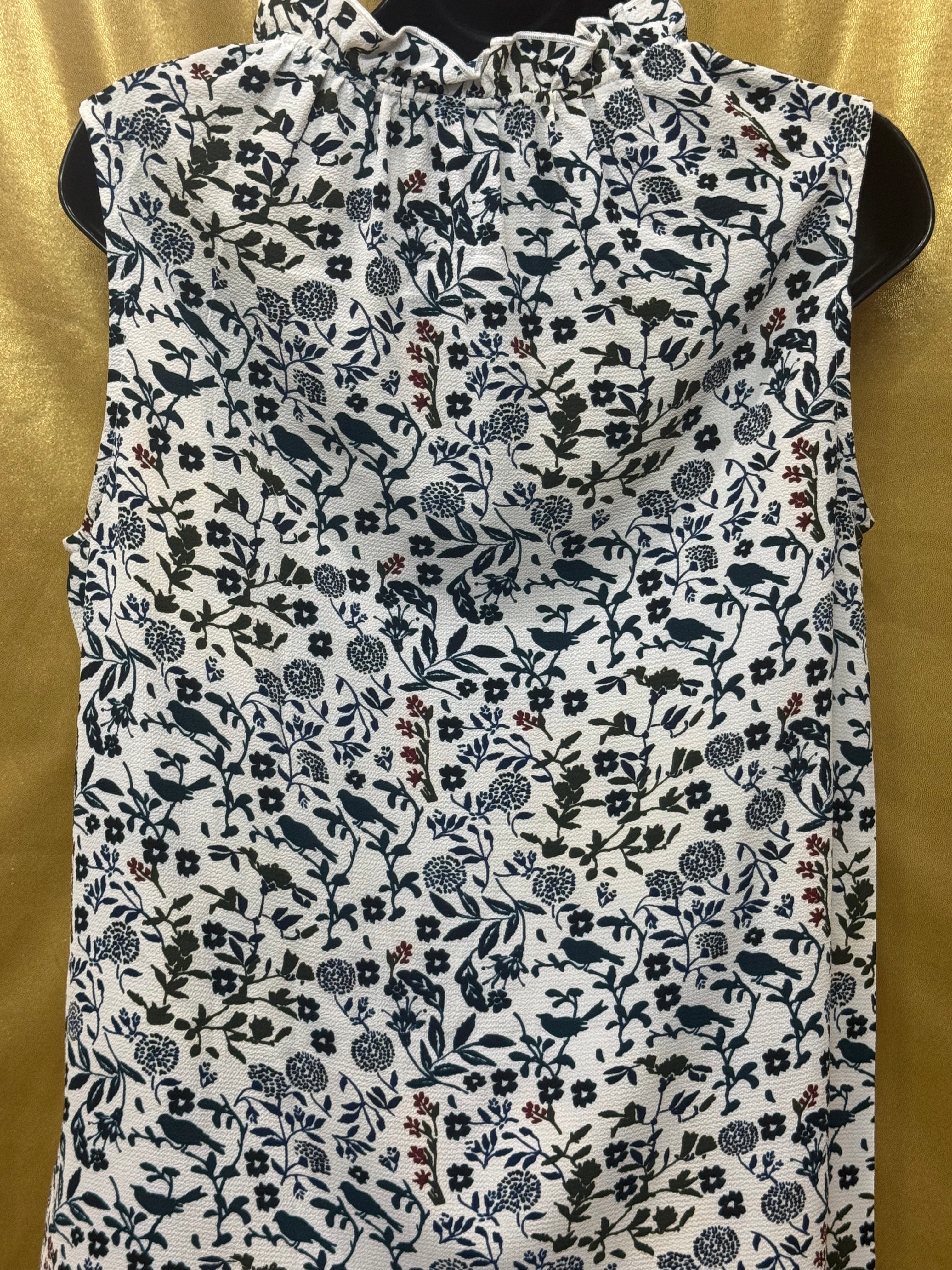 C&E Floral & Bird Print Sleeveless Blouse with Tassel Neck, Size Small