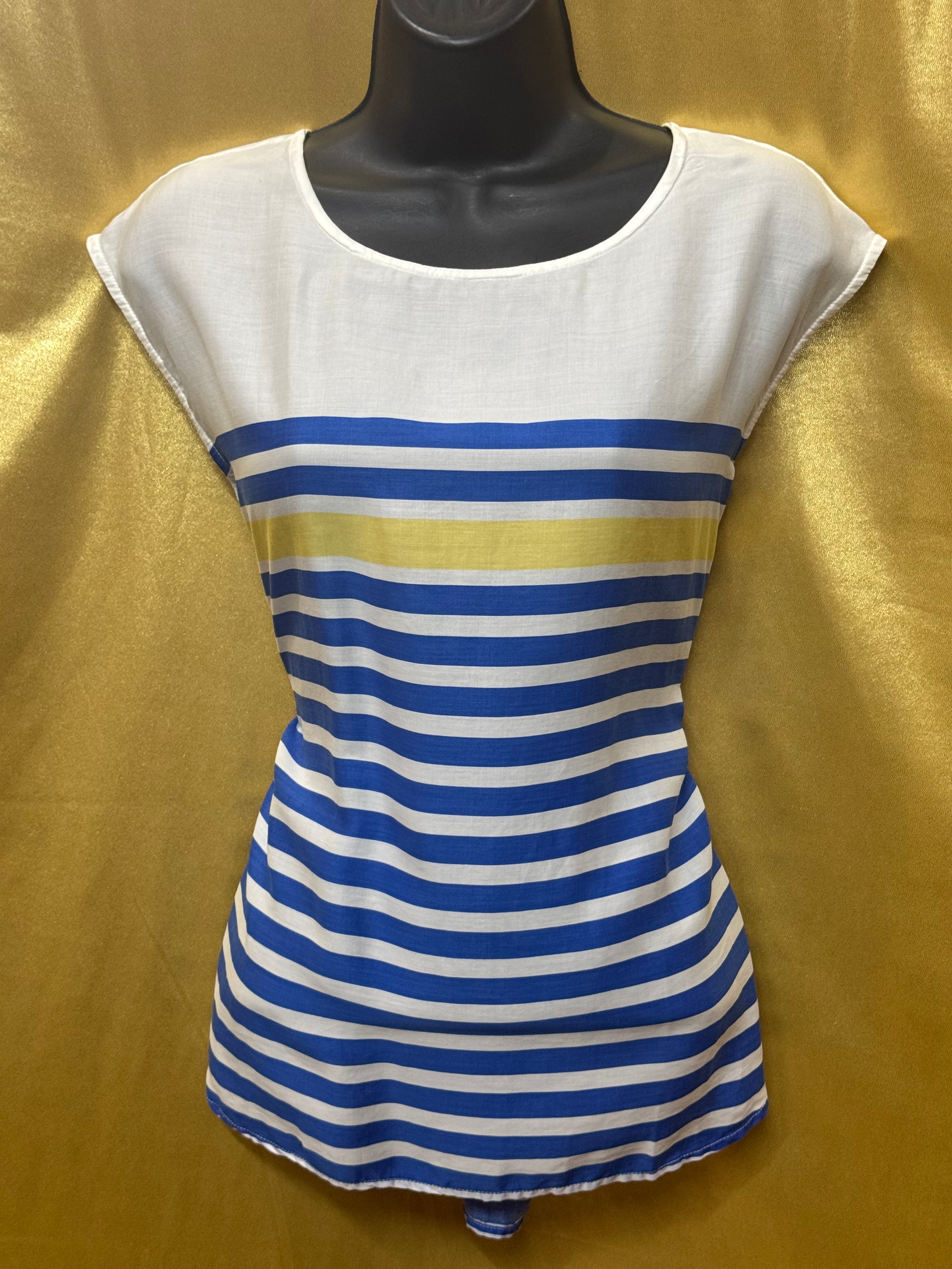 Talbots Striped Sleeveless Blouse | Size S 100% Lyocell Blue White Yellow