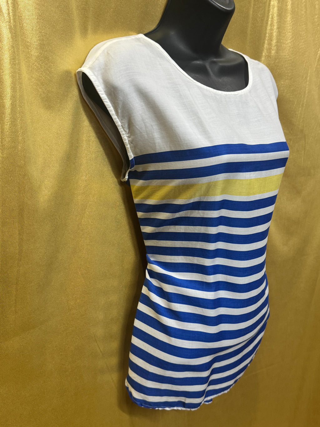 Talbots Striped Sleeveless Blouse | Size S 100% Lyocell Blue White Yellow