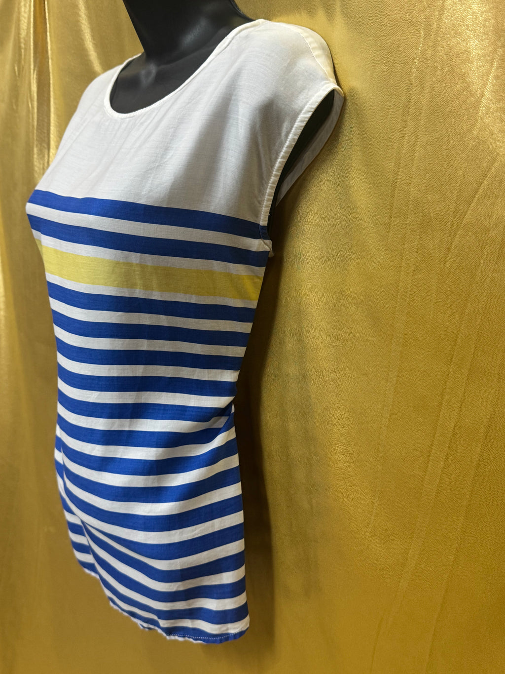 Talbots Striped Sleeveless Blouse | Size S 100% Lyocell Blue White Yellow