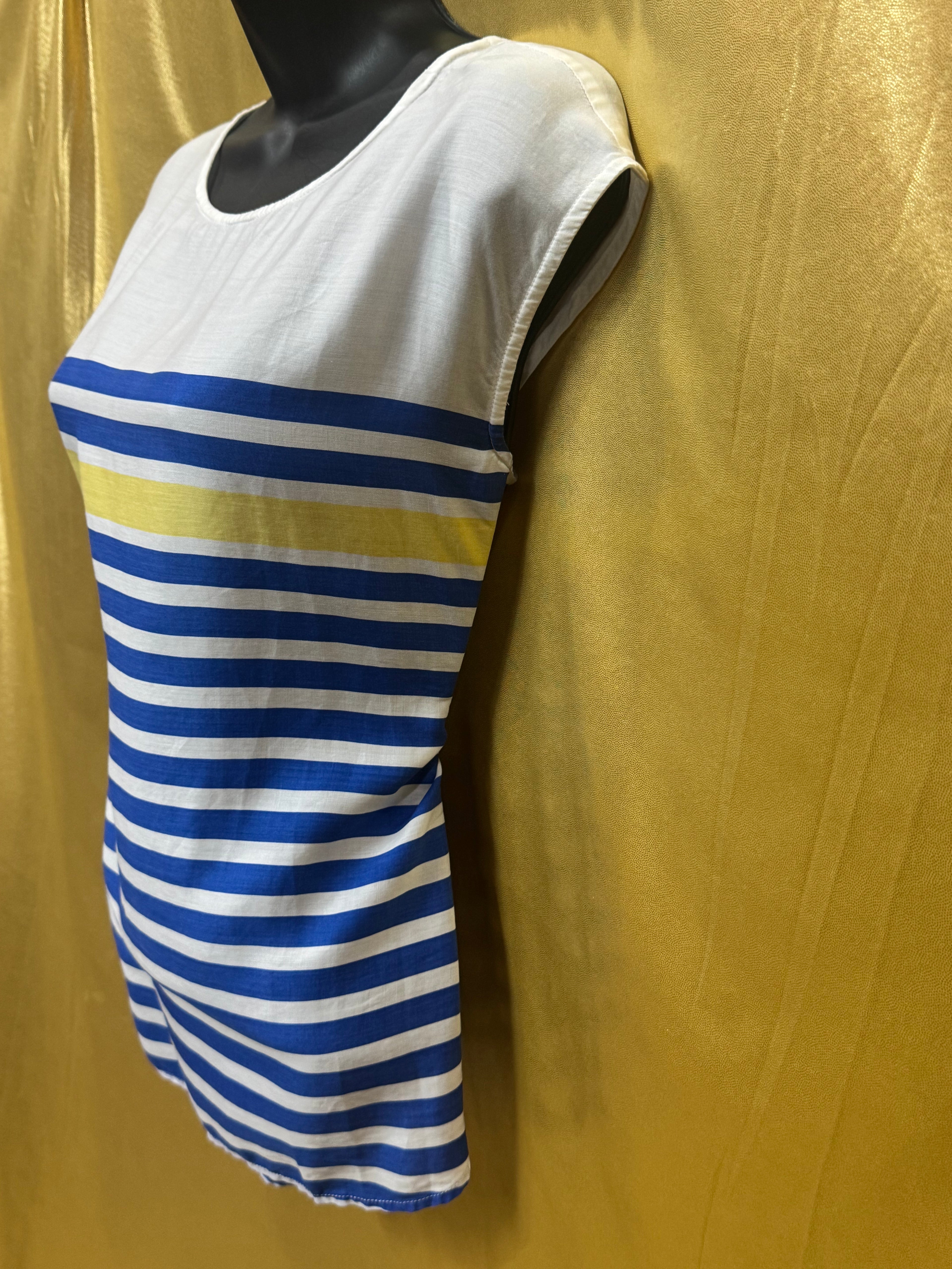 Talbots Striped Sleeveless Blouse | Size S 100% Lyocell Blue White Yellow