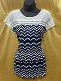 Faith & Joy Navy White Chevron Blouse Size Small Lace Accent Short Sleeve