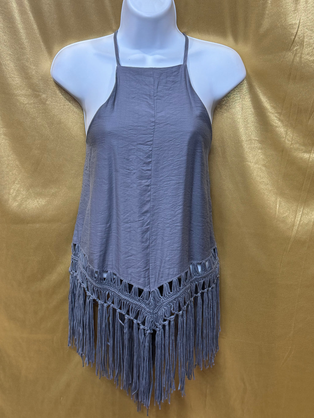 ✨ Boho Gray High-Neck Fringe Halter Tank Top - Size L ✨