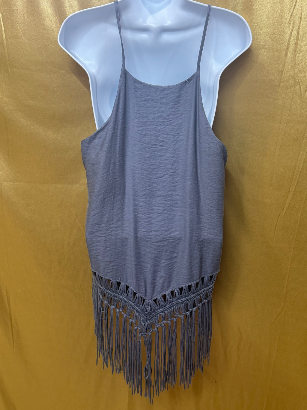 ✨ Boho Gray High-Neck Fringe Halter Tank Top - Size L ✨