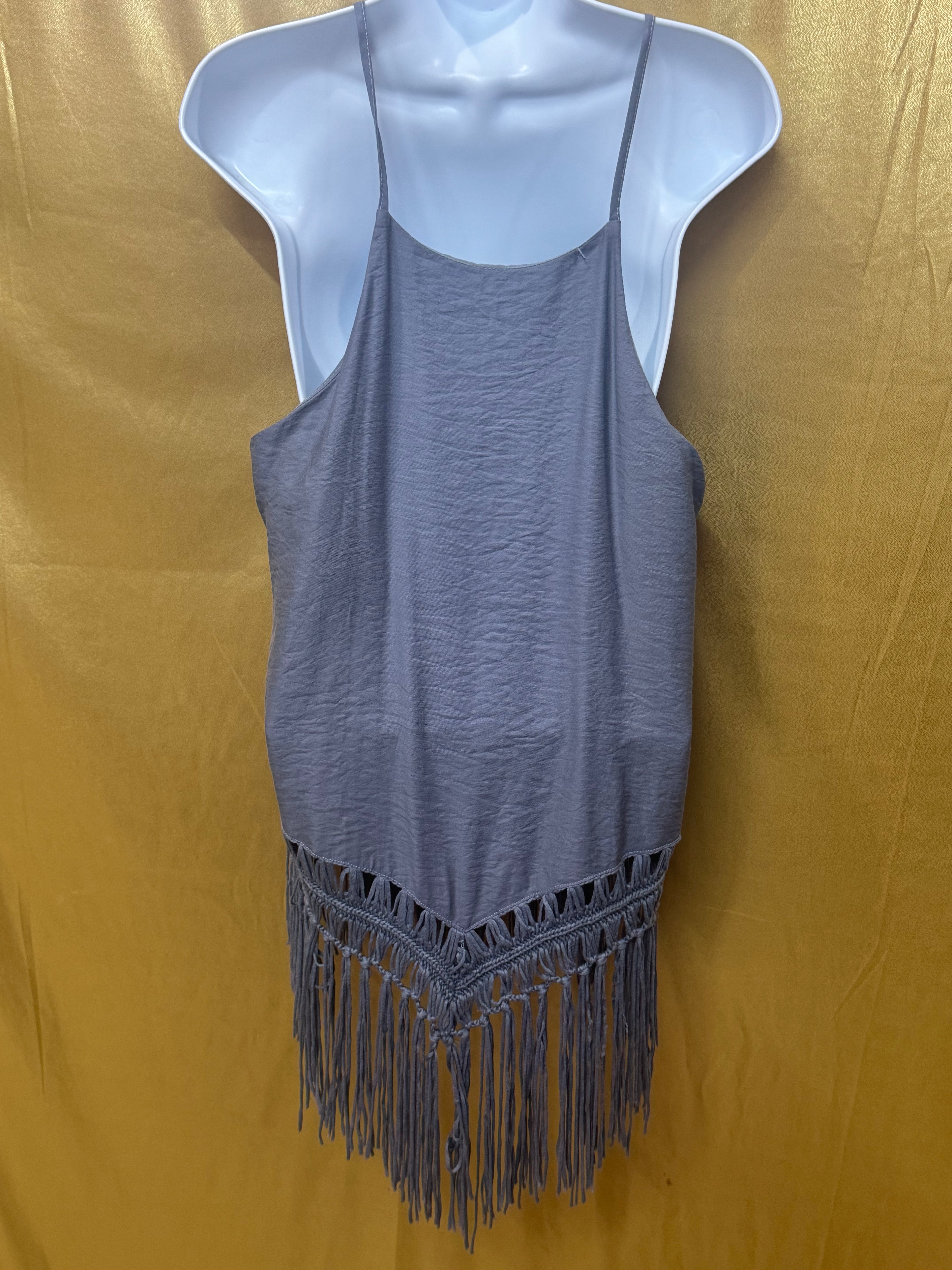✨ Boho Gray High-Neck Fringe Halter Tank Top - Size L ✨