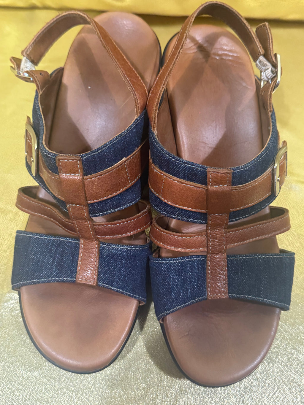 SAS Layla Denim & Leather Wedge Sandals – Size 9W (Wide)