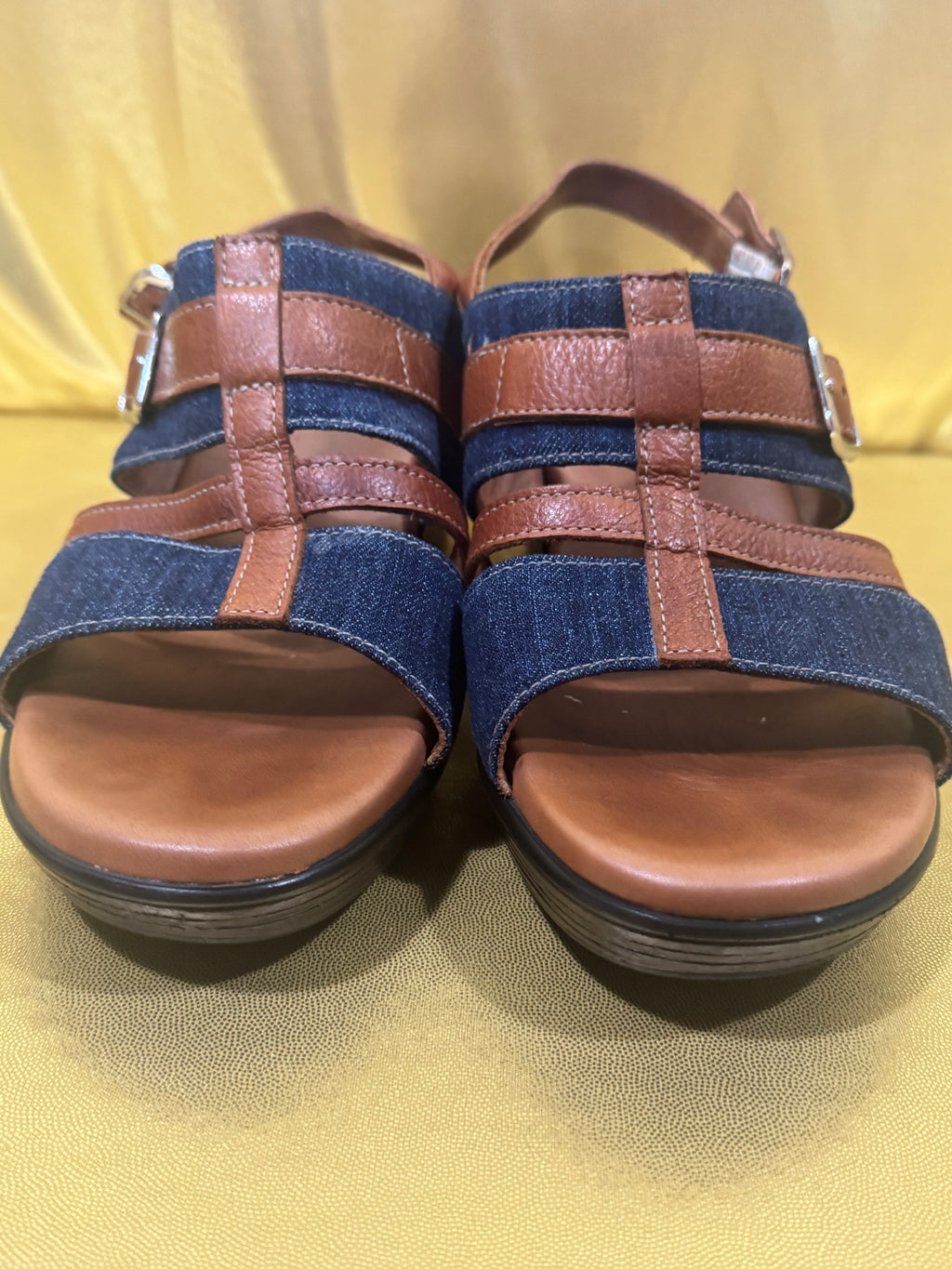 SAS Layla Denim & Leather Wedge Sandals – Size 9W (Wide)