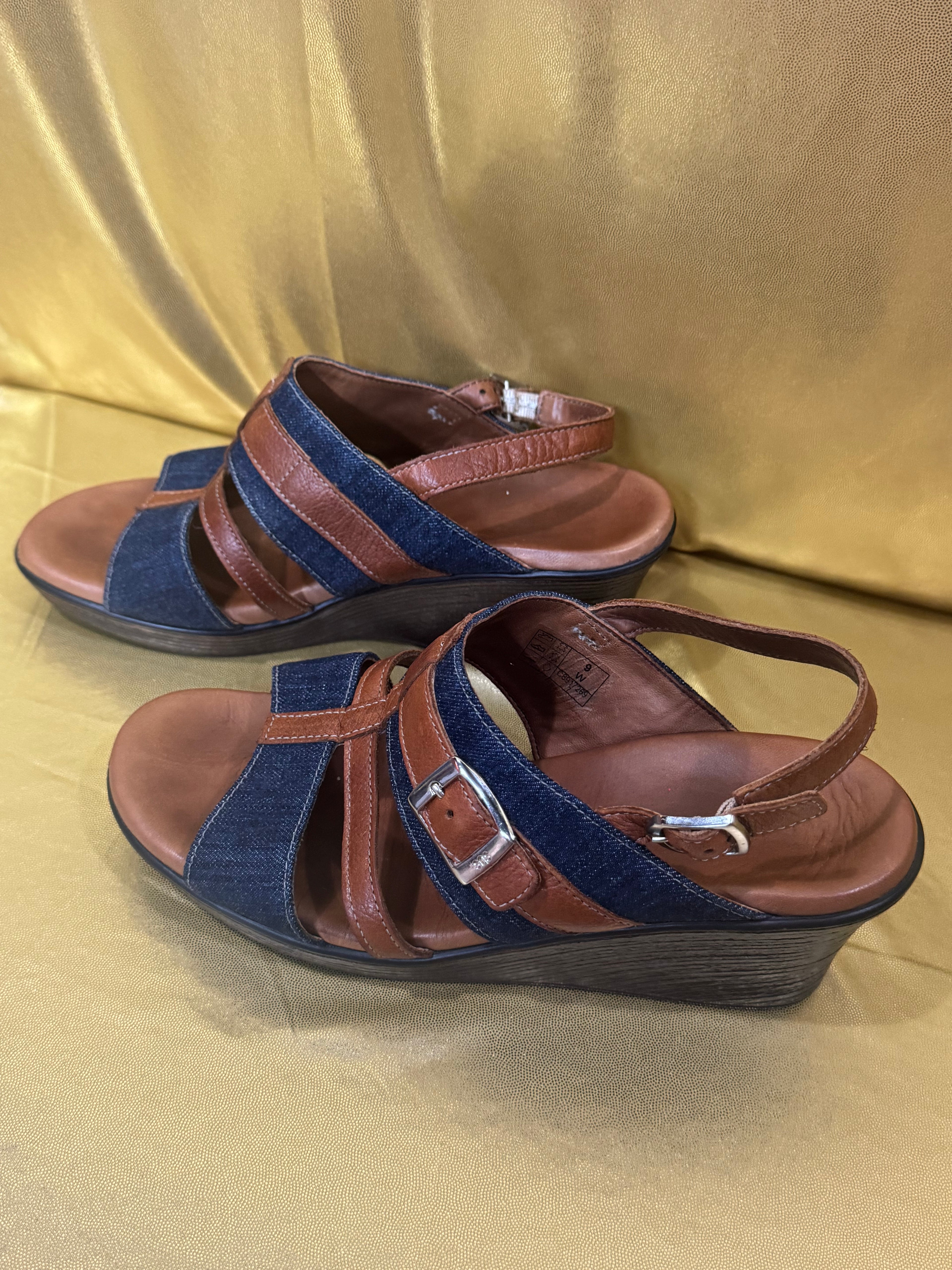 SAS Layla Denim & Leather Wedge Sandals – Size 9W (Wide)