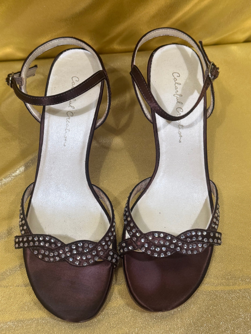 Colorful Creations Brown Rhinestone Kitten Heels Leather Sole Size 6.5B