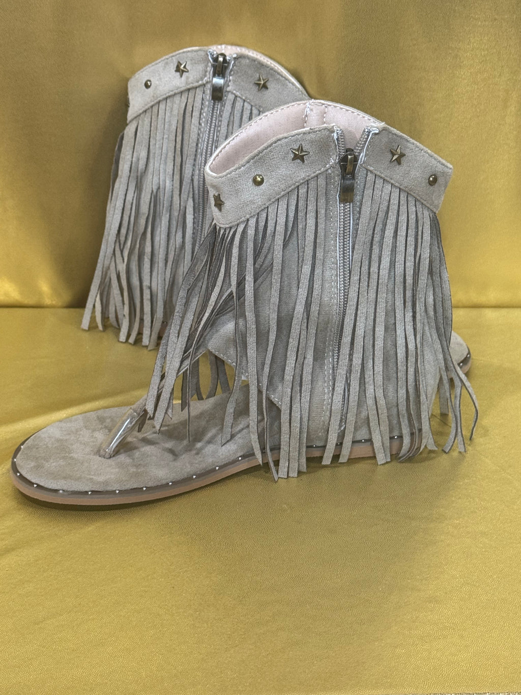 ✨ New! Boho Western Fringe Thong Gladiator Sandals - Taupe Suede, Star Studded, Size 40