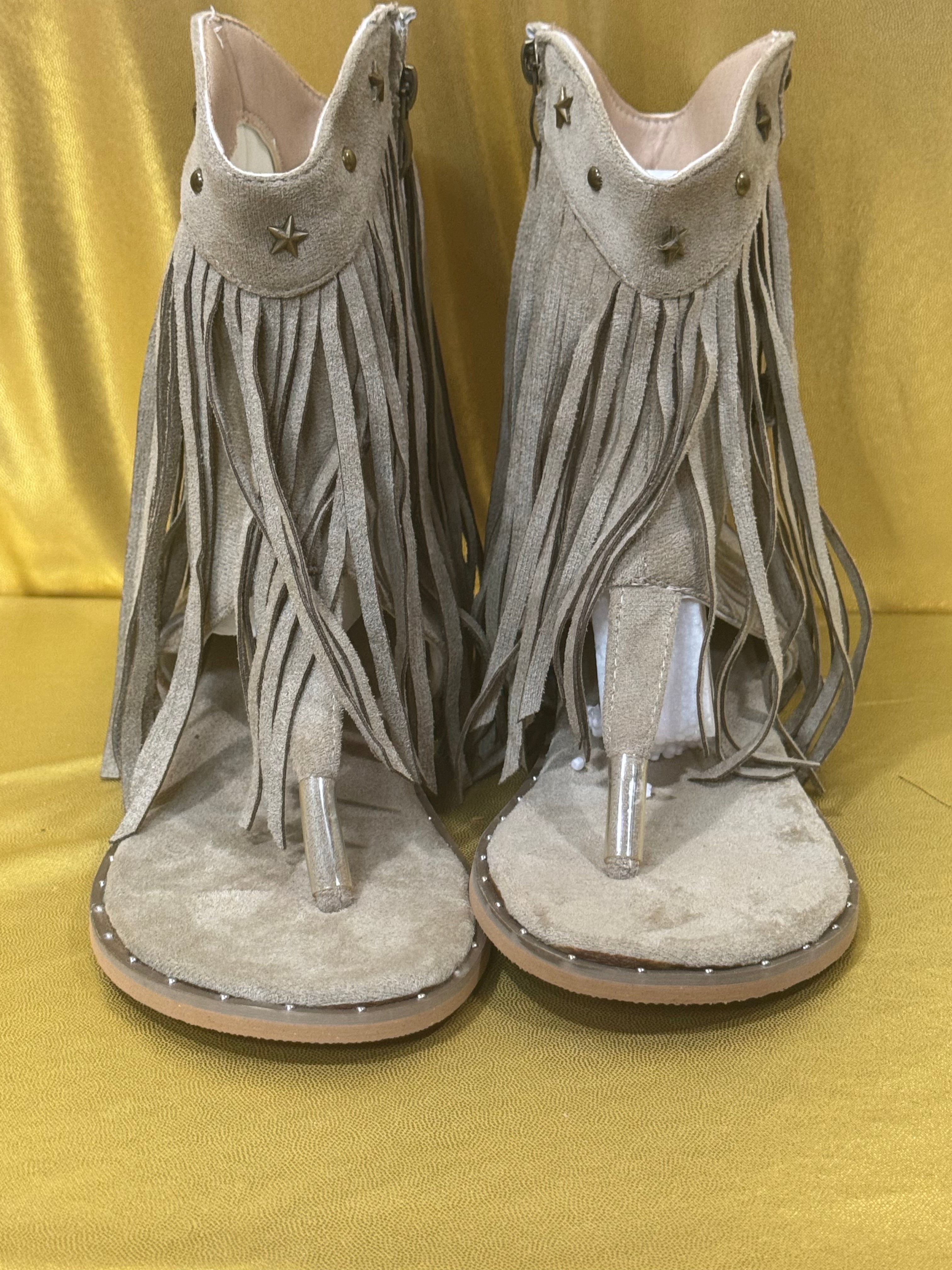 ✨ New! Boho Western Fringe Thong Gladiator Sandals - Taupe Suede, Star Studded, Size 40