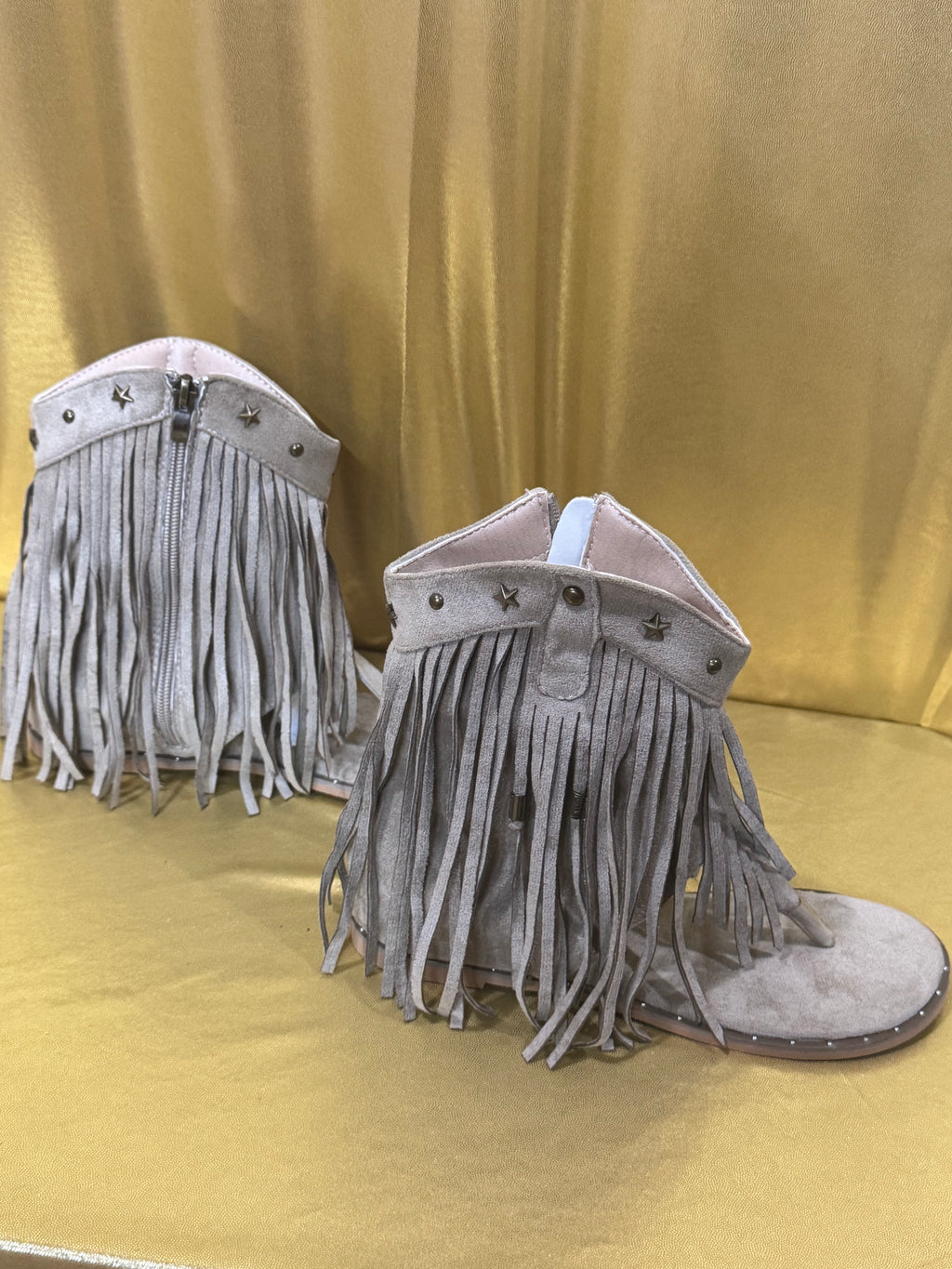 ✨ New! Boho Western Fringe Thong Gladiator Sandals - Taupe Suede, Star Studded, Size 40