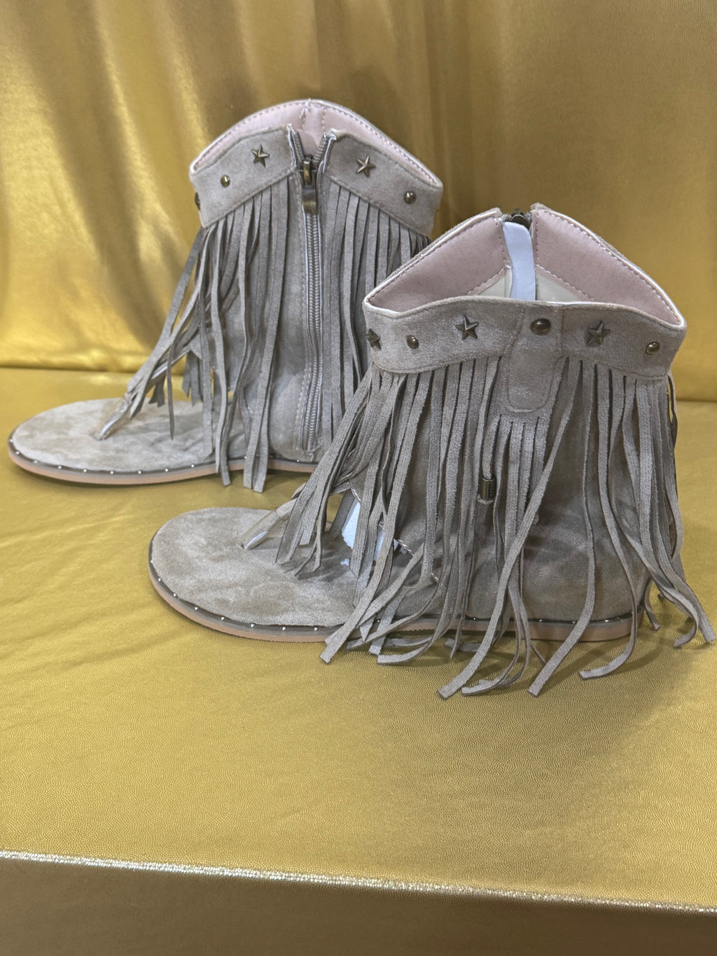 ✨ New! Boho Western Fringe Thong Gladiator Sandals - Taupe Suede, Star Studded, Size 40