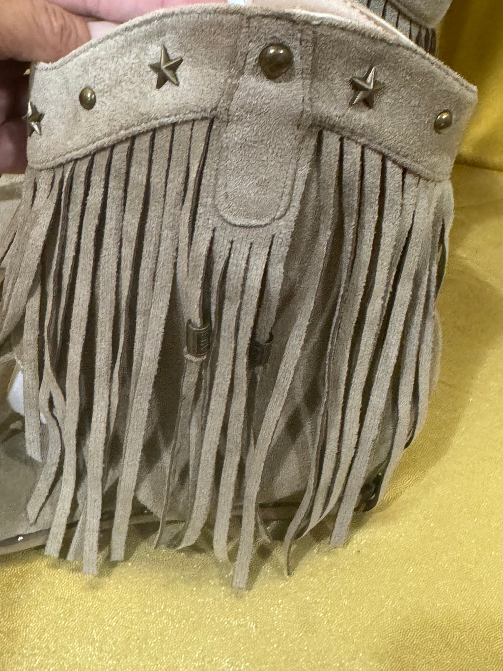✨ New! Boho Western Fringe Thong Gladiator Sandals - Taupe Suede, Star Studded, Size 40