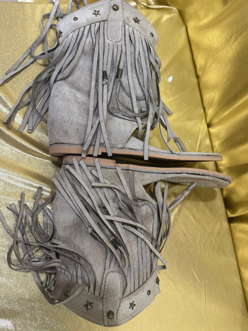 ✨ New! Boho Western Fringe Thong Gladiator Sandals - Taupe Suede, Star Studded, Size 40