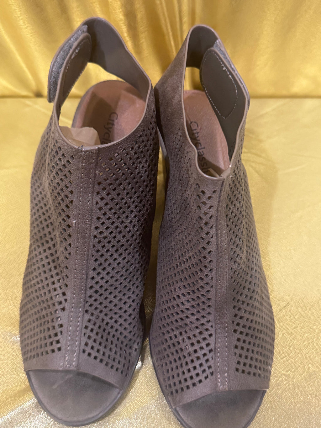 City Classified Grey Perforated Peep Toe Block Heel Booties – Size 8