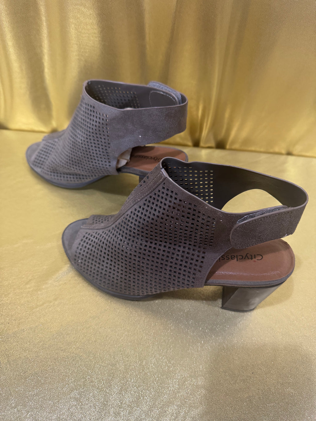 City Classified Grey Perforated Peep Toe Block Heel Booties – Size 8