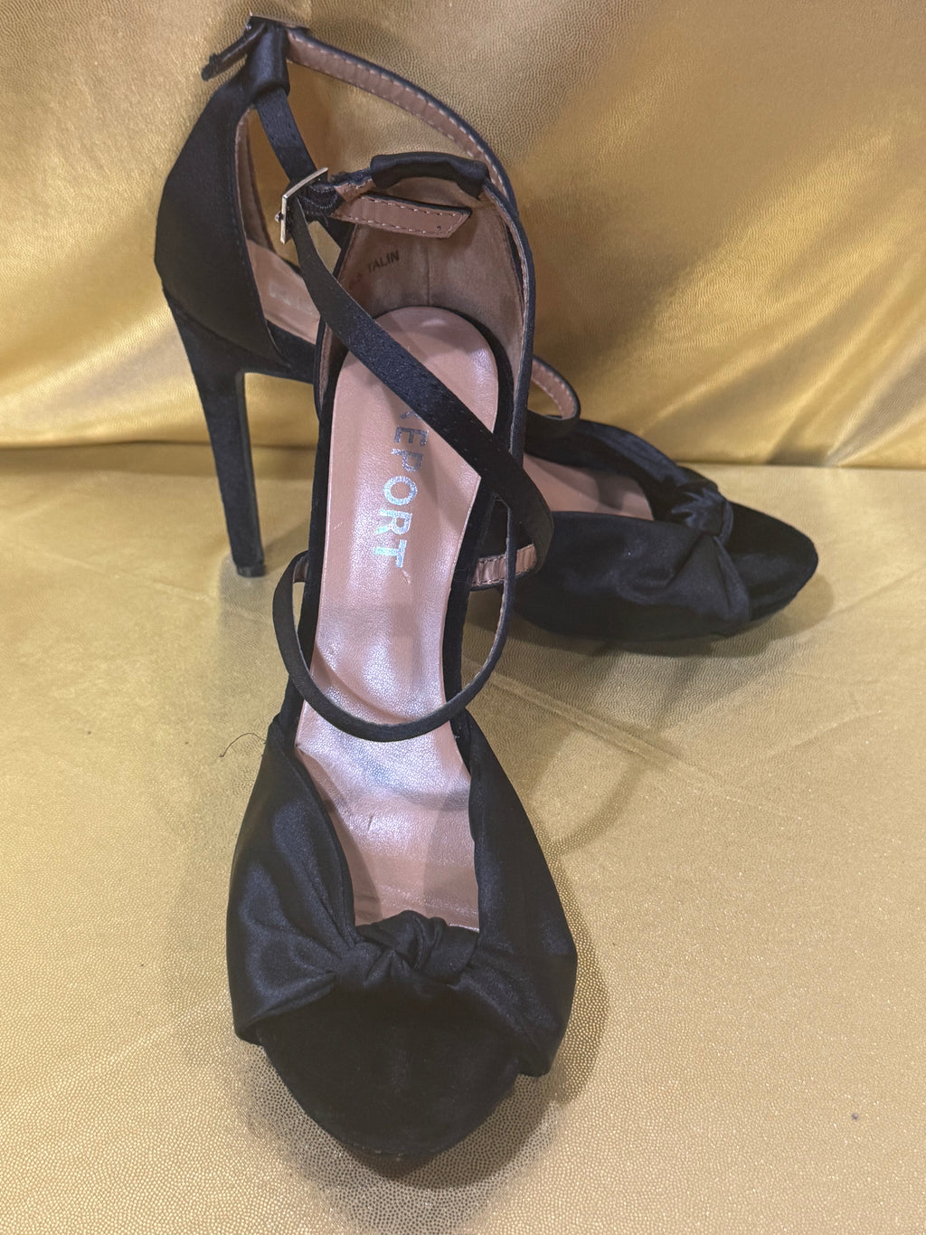 Report Black Satin Talin Knotted Ankle Strap Stiletto Heels – Size 6.5 (Like New)