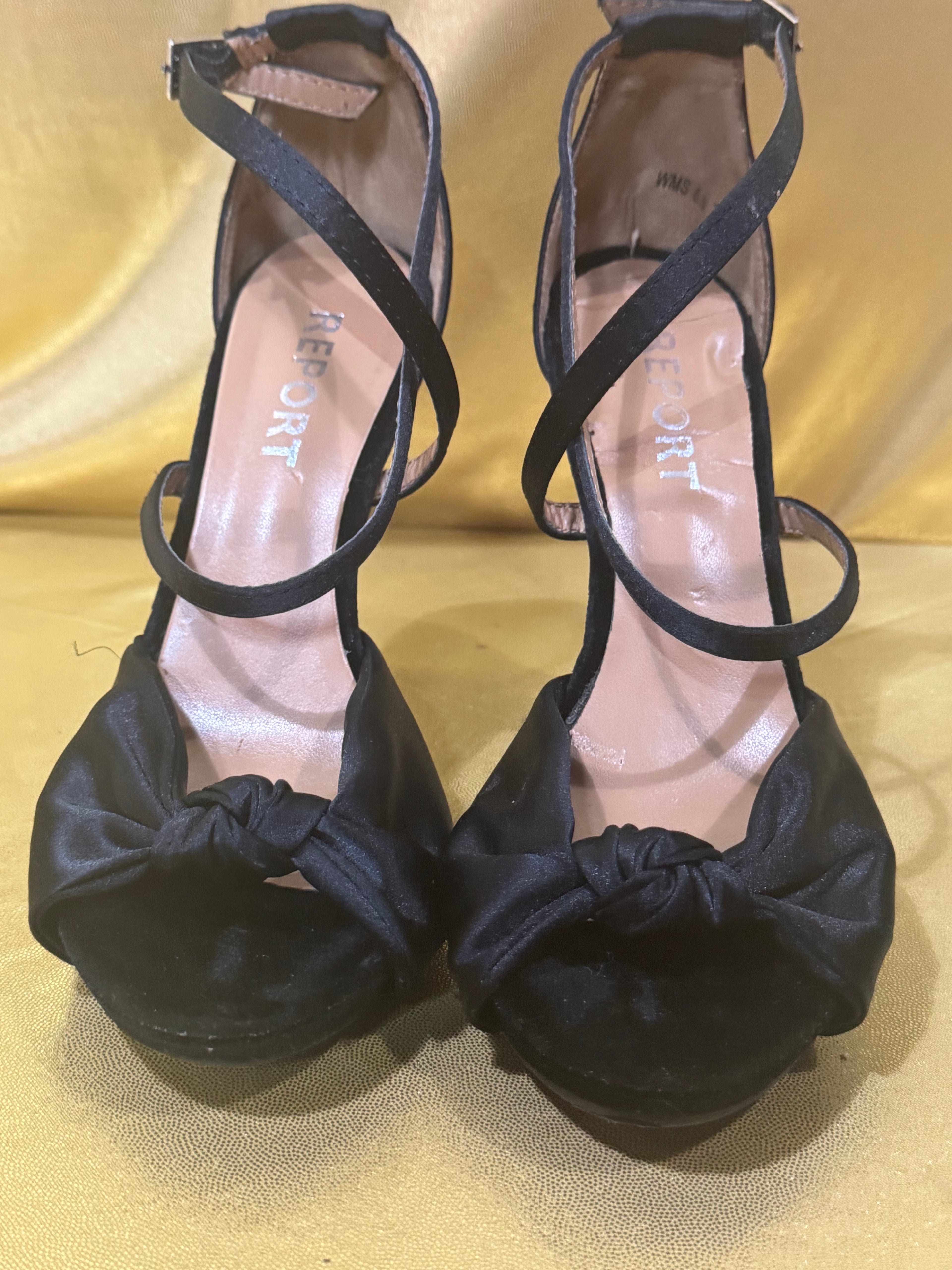 Report Black Satin Talin Knotted Ankle Strap Stiletto Heels – Size 6.5 (Like New)
