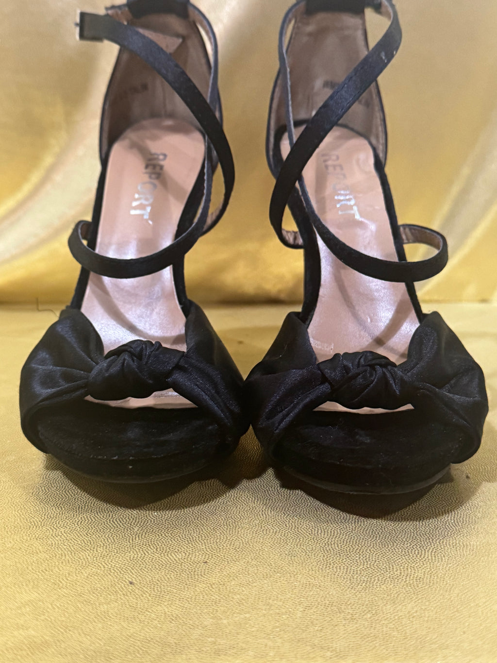 Report Black Satin Talin Knotted Ankle Strap Stiletto Heels – Size 6.5 (Like New)