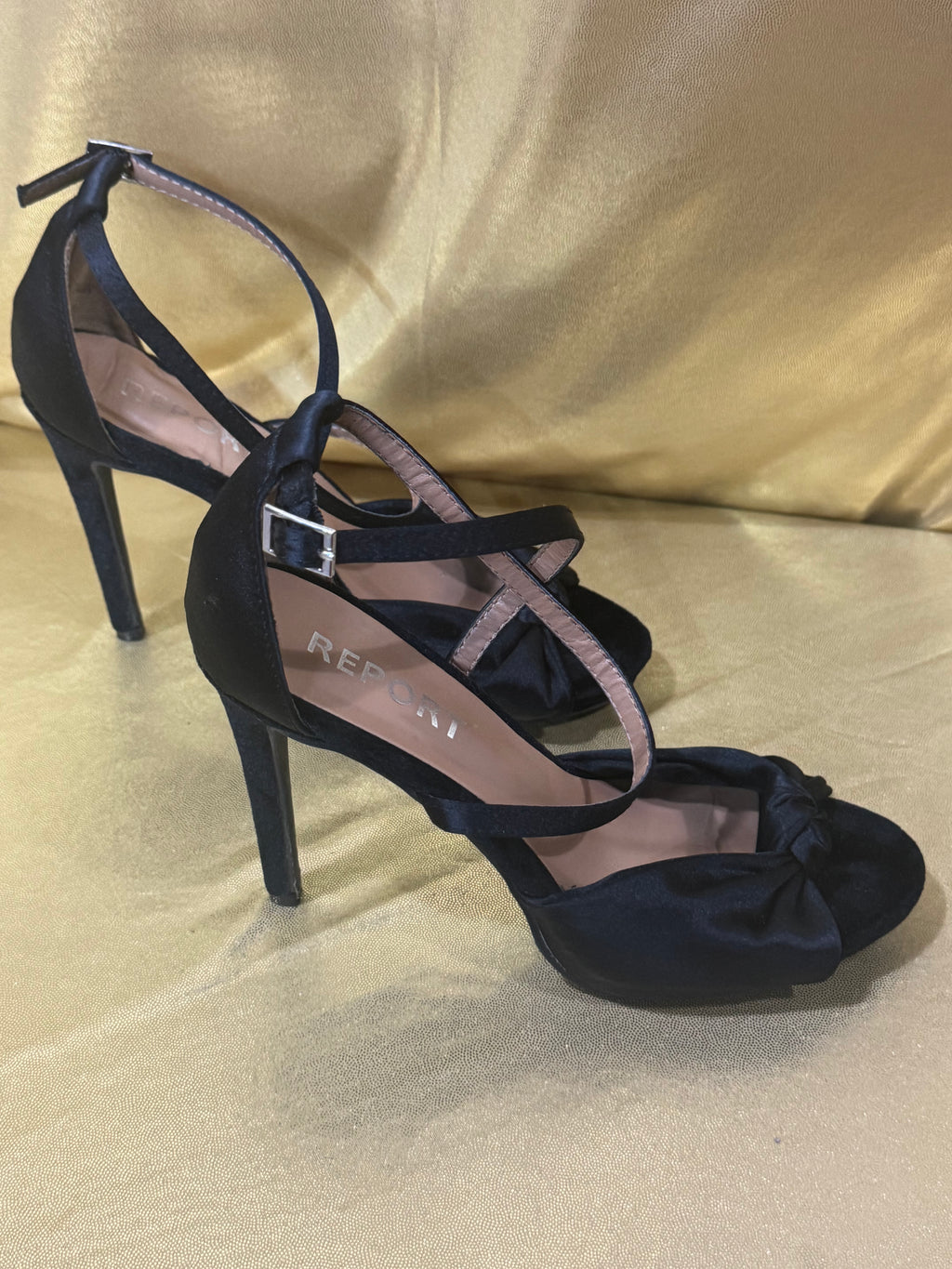 Report Black Satin Talin Knotted Ankle Strap Stiletto Heels – Size 6.5 (Like New)