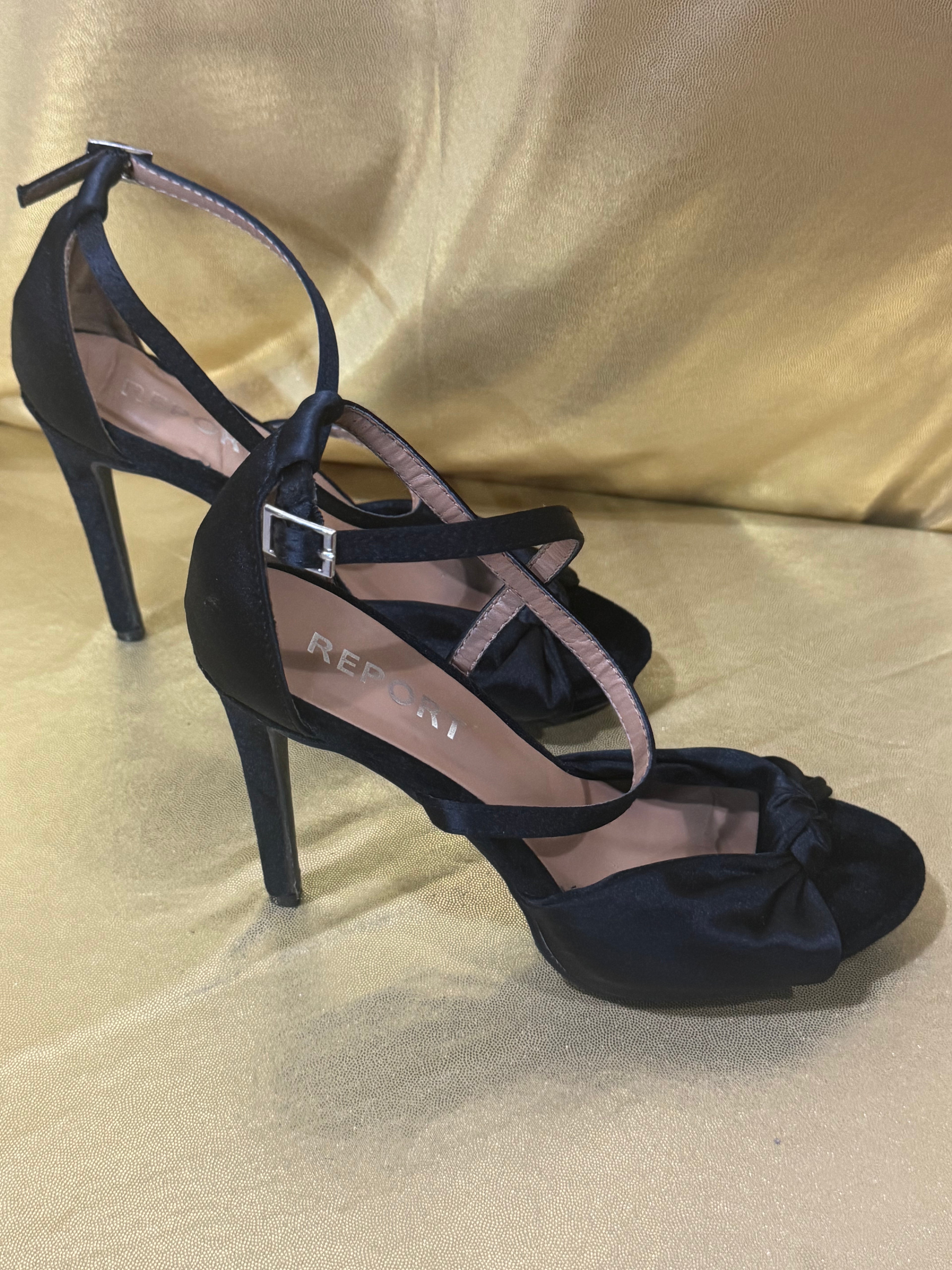 Report Black Satin Talin Knotted Ankle Strap Stiletto Heels – Size 6.5 (Like New)