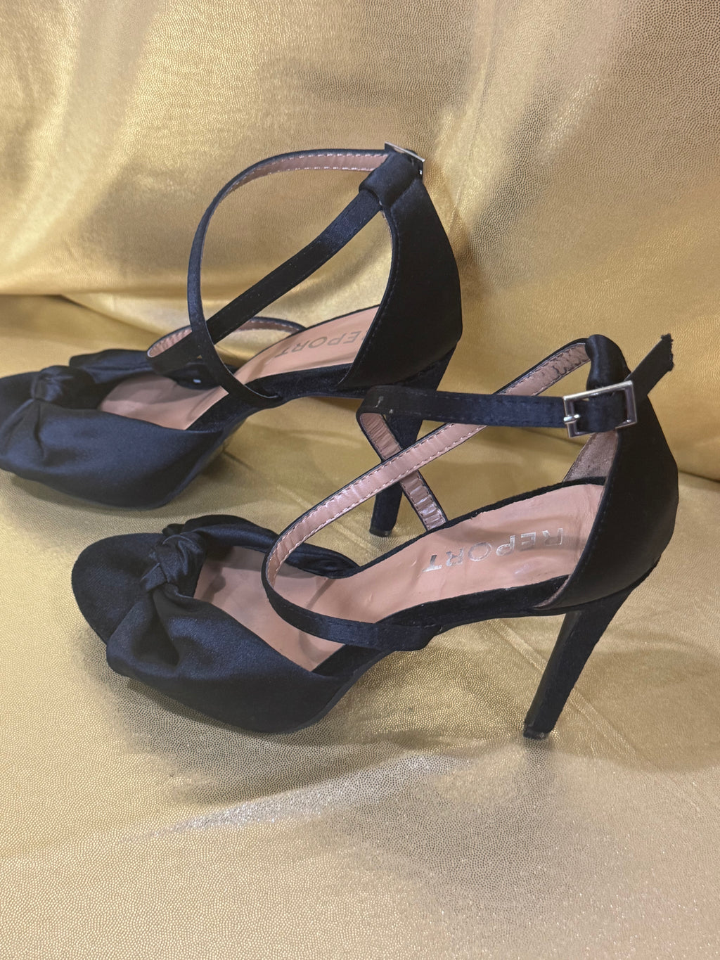 Report Black Satin Talin Knotted Ankle Strap Stiletto Heels – Size 6.5 (Like New)