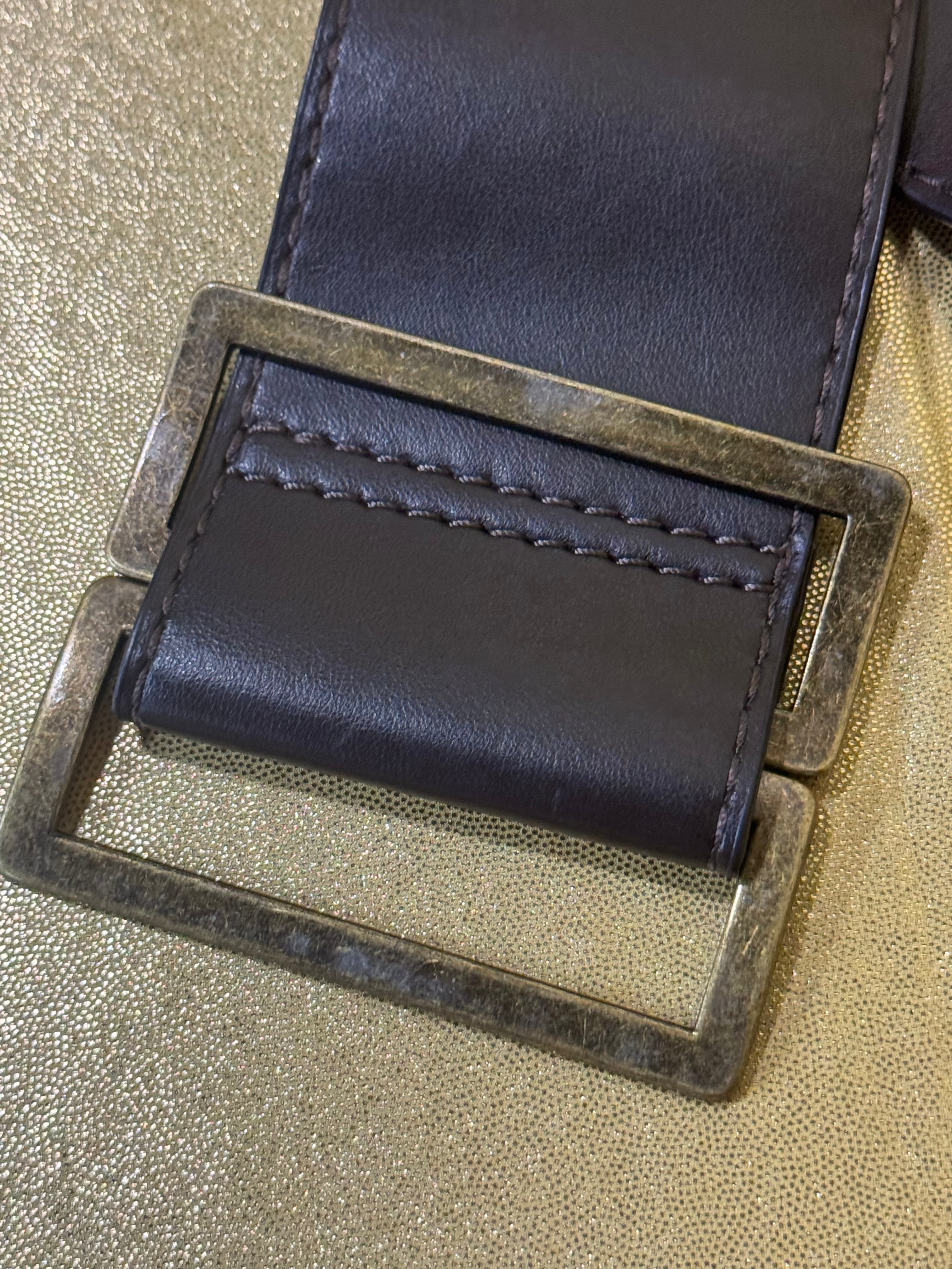 Y2K Vintage Wide Brown Leather Cinch Belt - Rectangular Buckle Size 10