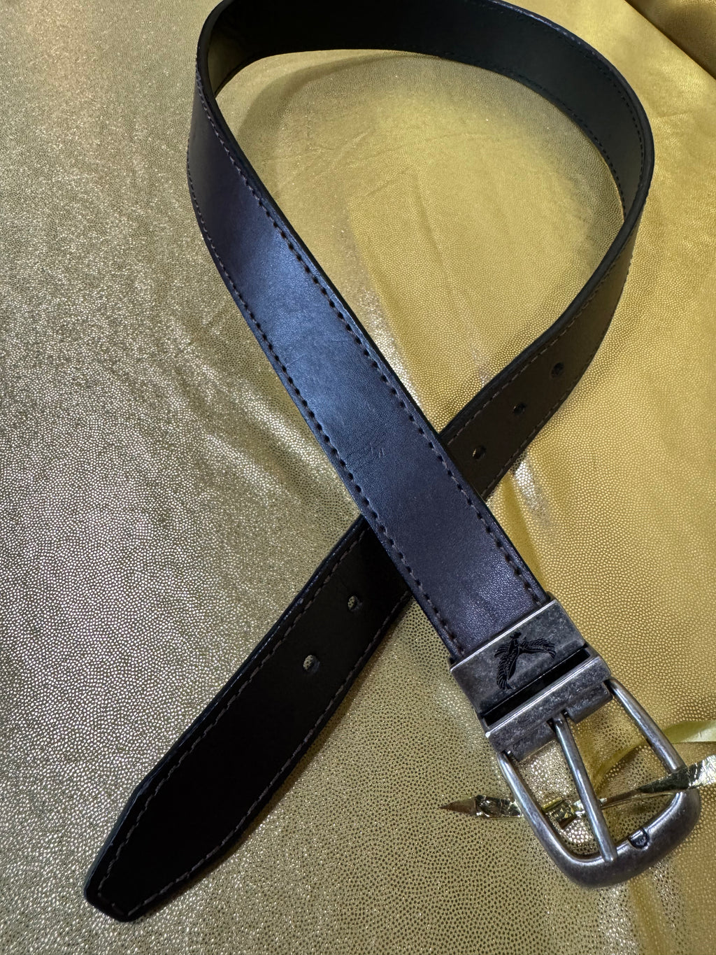 American Eagle Black Synthetic Leather Belt Size Medium Silver Eagle Buckle
