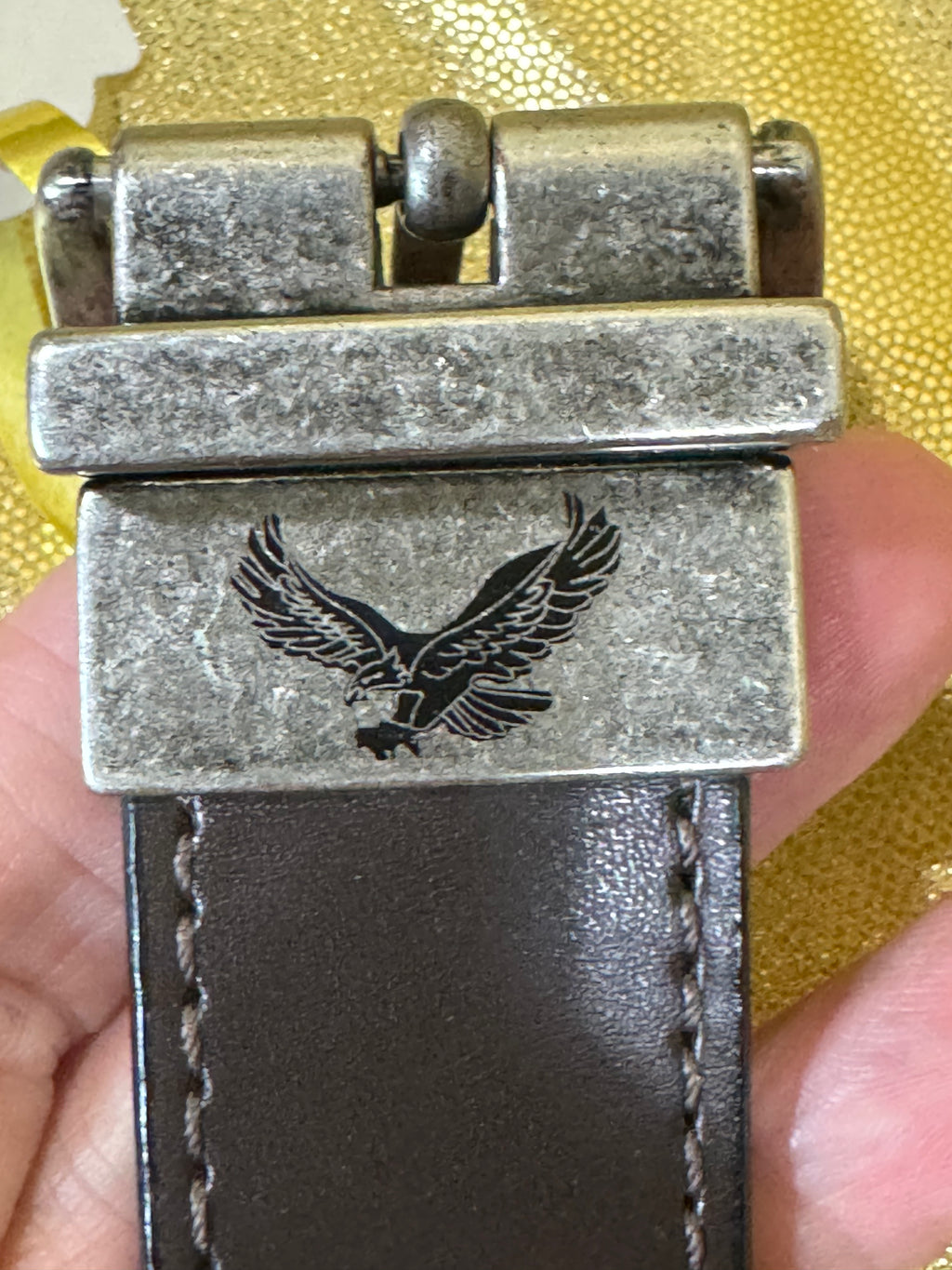 American Eagle Black Synthetic Leather Belt Size Medium Silver Eagle Buckle