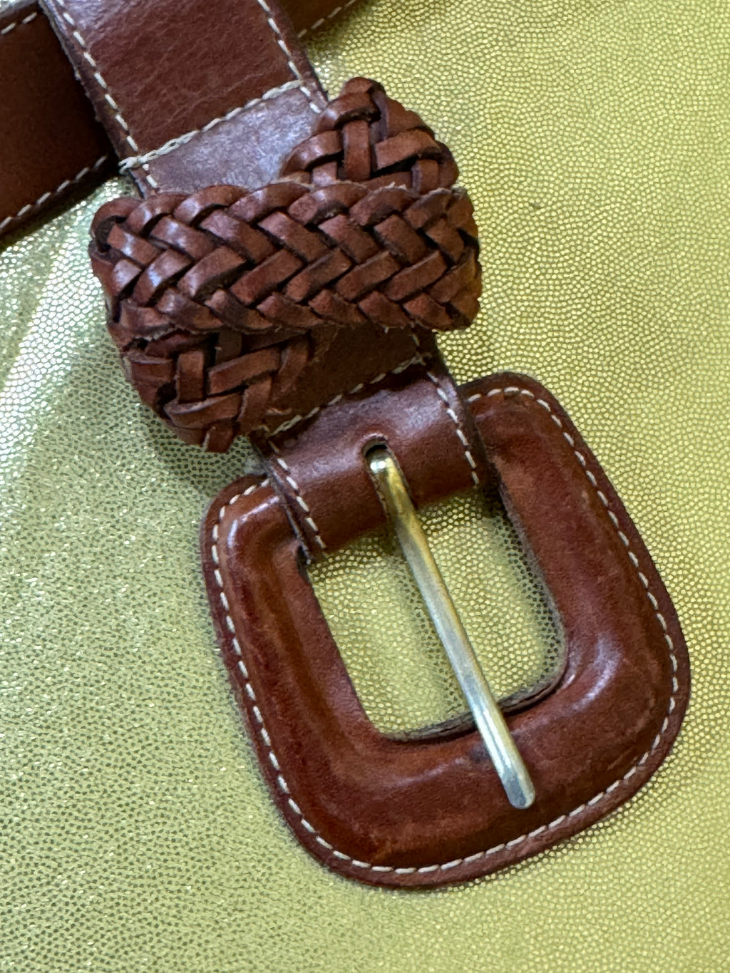 Vintage 80s/90s Full Grain Oil Tan Cowhide Belt | Unisex Size S Woven Accent