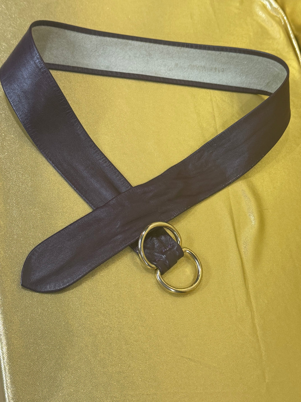 Vintage 80s 90s Plum Leather Wide Cinch Belt – Gold Double O-Ring – 39"