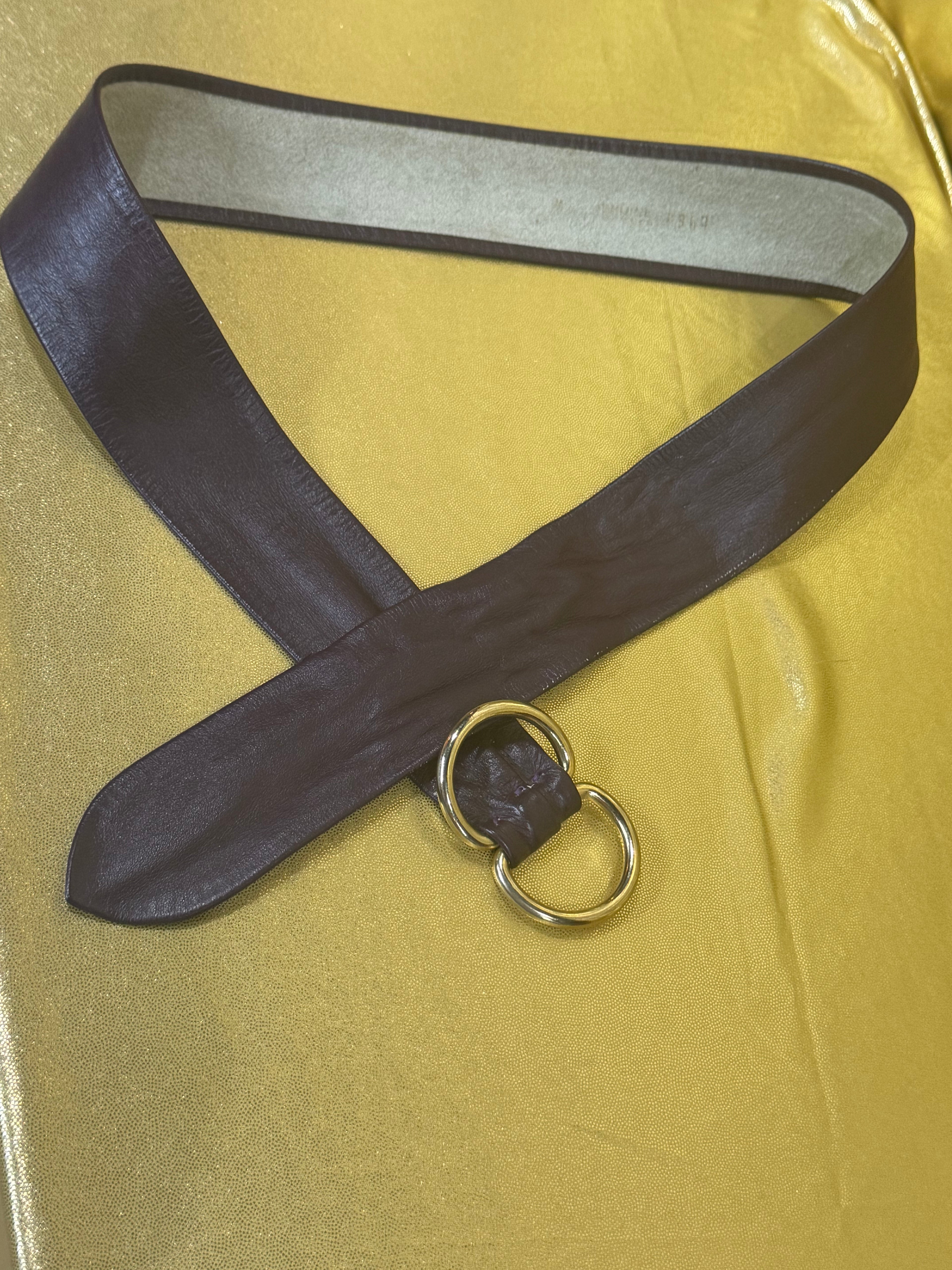 Vintage 80s 90s Plum Leather Wide Cinch Belt – Gold Double O-Ring – 39"