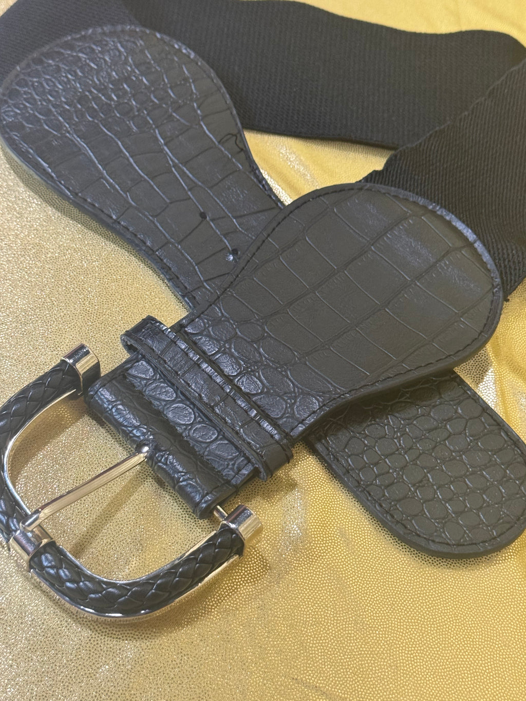Vintage Black Faux Croc Wide Elastic Stretch Waist Belt – 3.5" Statement Buckle